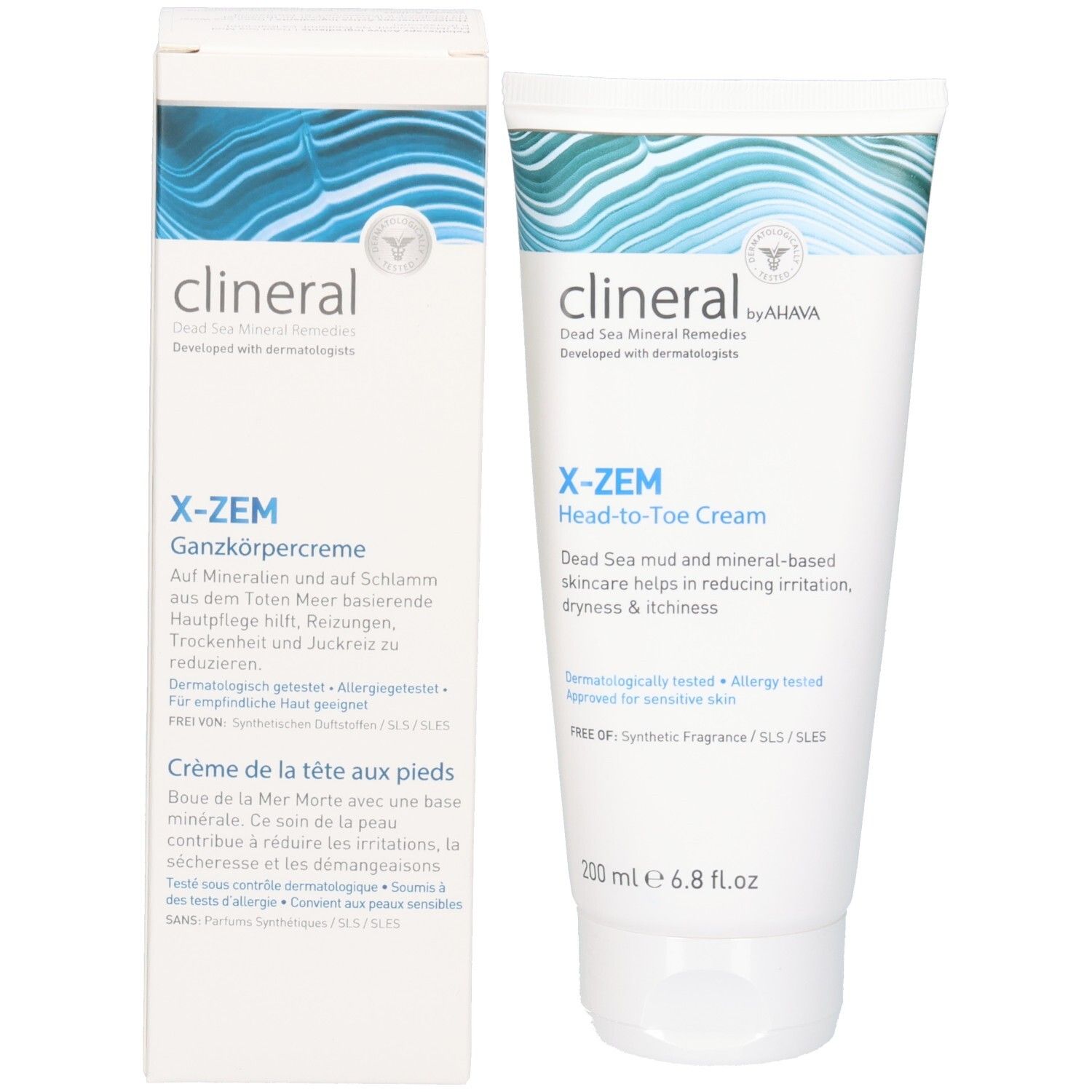 Clineral X-ZEM Head-to-Toe Creme und Verpackung. Weiß, blaue Wellen. Produktname und Text in Schwarz und Blau.