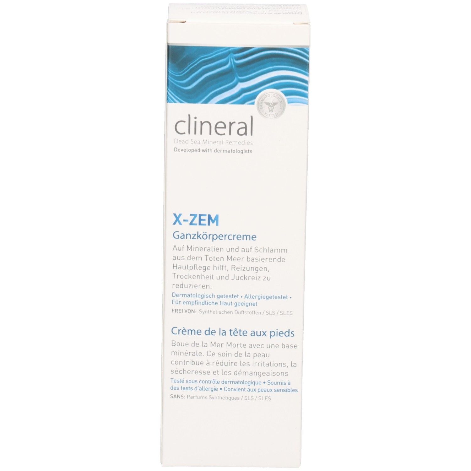 Verpackung Clineral X-ZEM Ganzkörpercreme. Weiß, blaue Wellen. Produktname und Text in Schwarz und Blau.