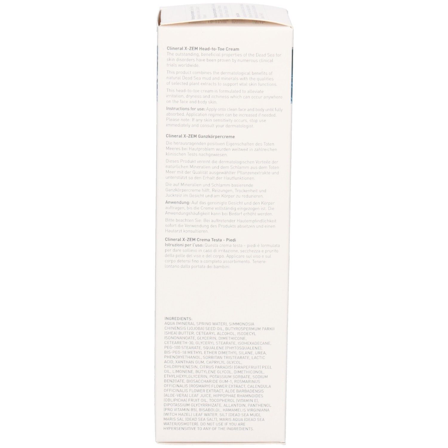 Verpackung Clineral X-ZEM Head-to-Toe Creme. Text in mehreren Sprachen, schwarze Schrift auf weißem Grund.