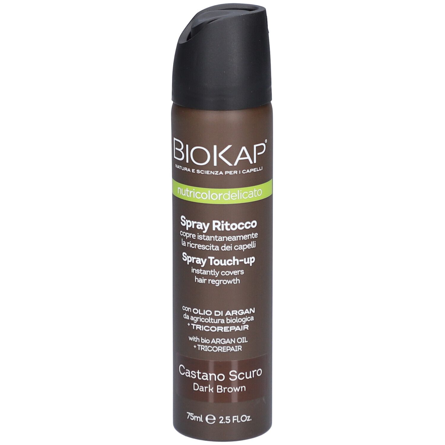Biokap Ansatzspray Touch-up in Dunkelbraun. Die braune Sprühflasche hat einen schwarzen Deckel. Auf der Flasche stehen Produktname, Inhaltsstoffe und Anwendungshinweise. Die Flasche enthält 75ml.
