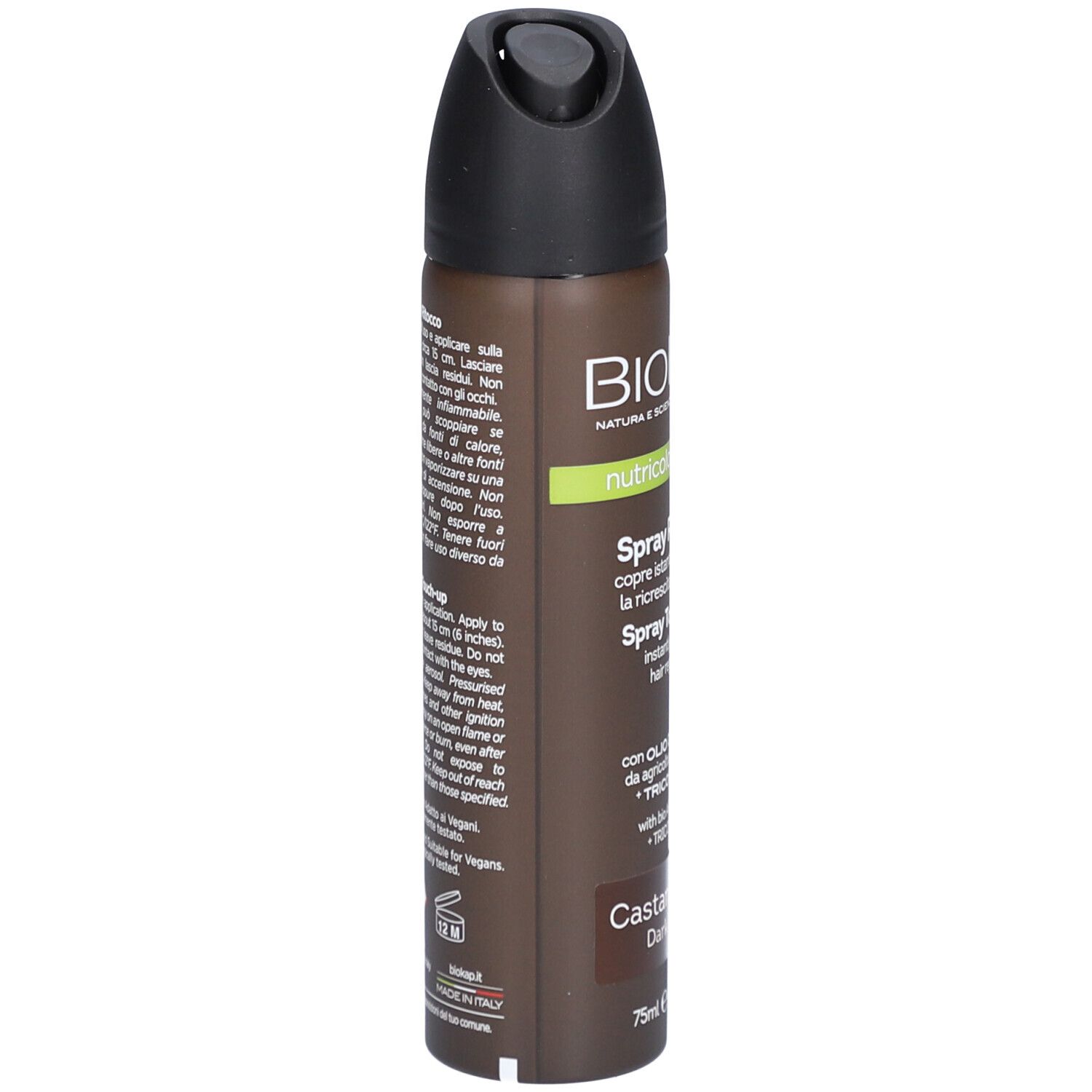 Biokap Ansatzspray Touch-up in Dunkelbraun. Die braune Sprühflasche hat einen schwarzen Deckel. Auf der Flasche stehen Produktname, Inhaltsstoffe und Anwendungshinweise. Die Flasche enthält 75ml.