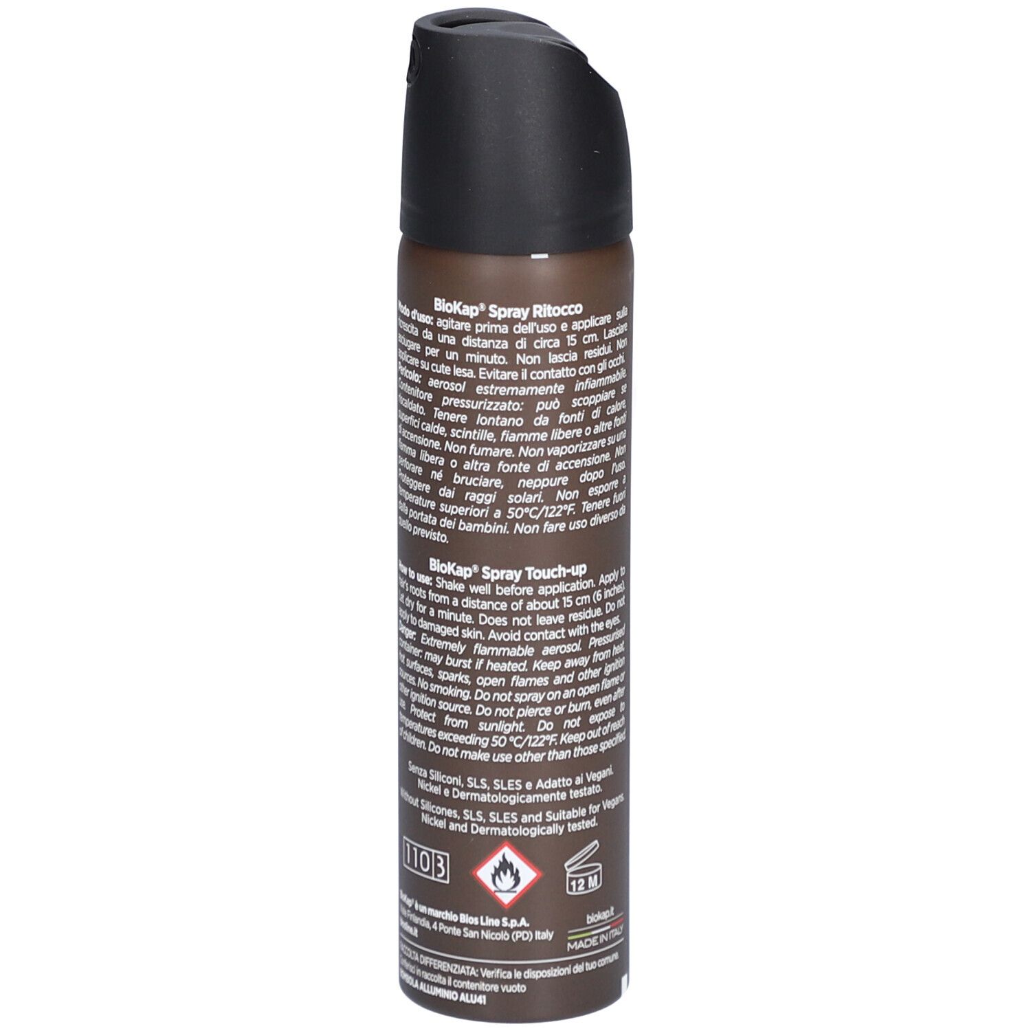 Biokap Ansatzspray Touch-up in Dunkelbraun. Die braune Sprühflasche hat einen schwarzen Deckel. Auf der Flasche stehen Produktname, Inhaltsstoffe und Anwendungshinweise. Die Flasche enthält 75ml.