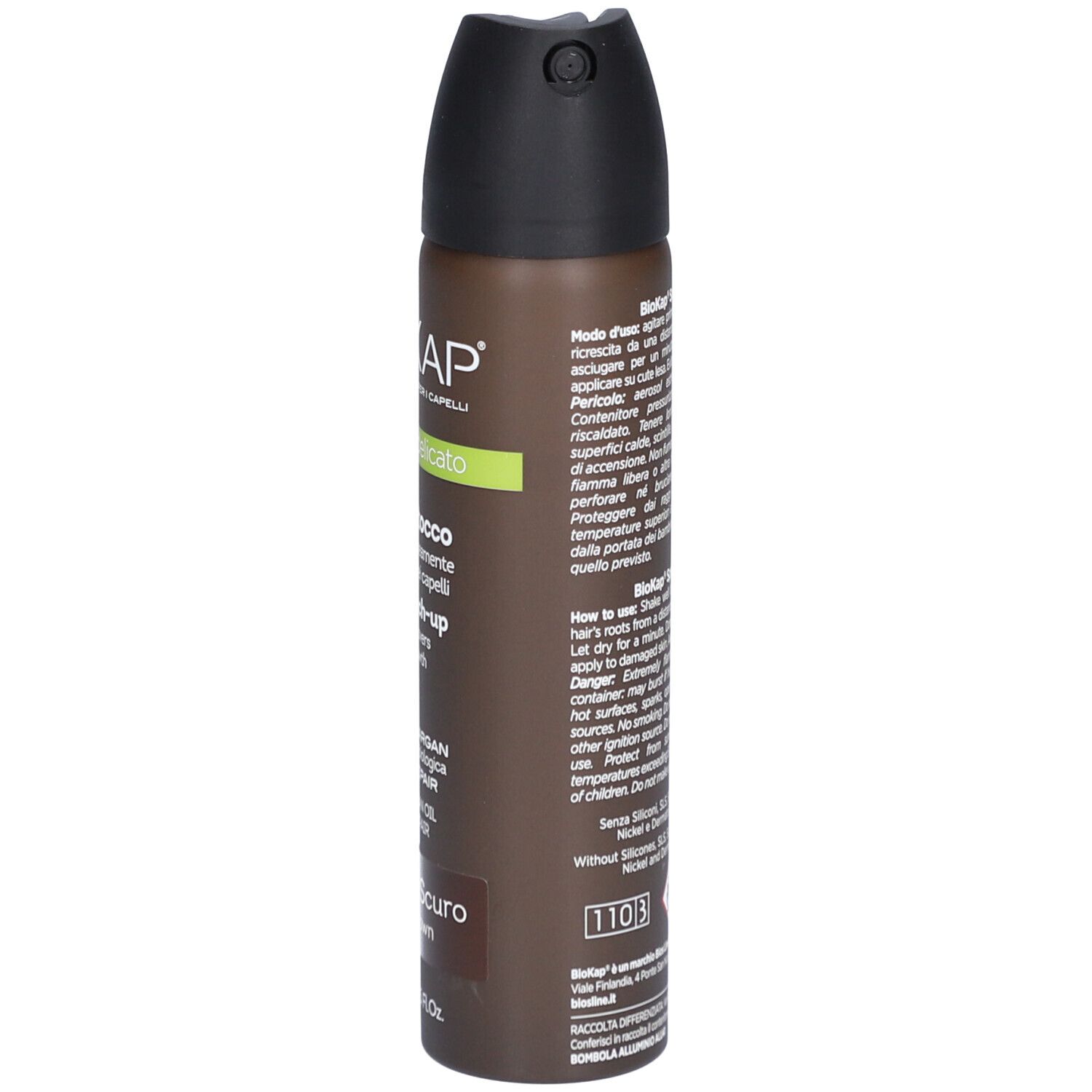 Biokap Ansatzspray Touch-up in Dunkelbraun. Die braune Sprühflasche hat einen schwarzen Deckel. Auf der Flasche stehen Produktname, Inhaltsstoffe und Anwendungshinweise. Die Flasche enthält 75ml.