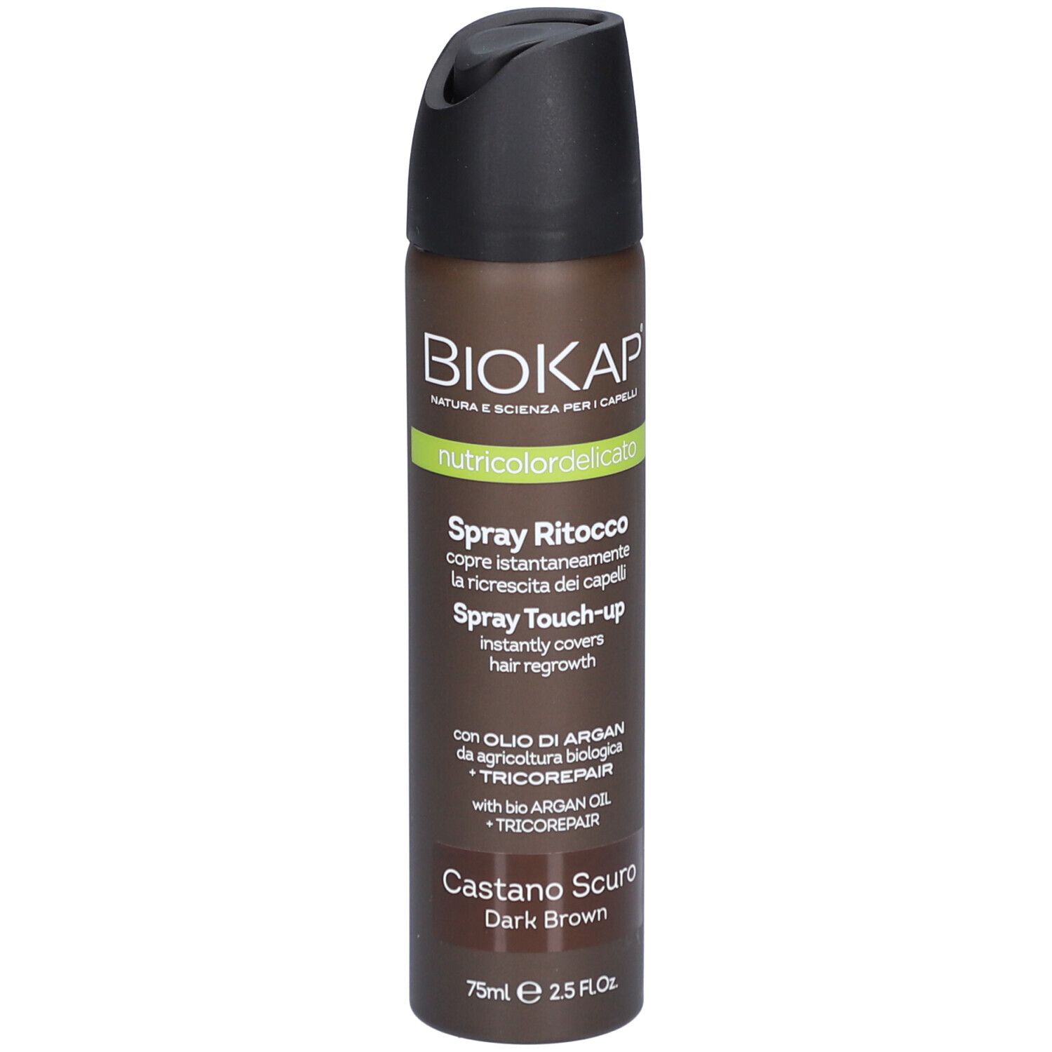Biokap Ansatzspray Touch-up in Dunkelbraun. Die braune Sprühflasche hat einen schwarzen Deckel. Auf der Flasche stehen Produktname, Inhaltsstoffe und Anwendungshinweise. Die Flasche enthält 75ml.