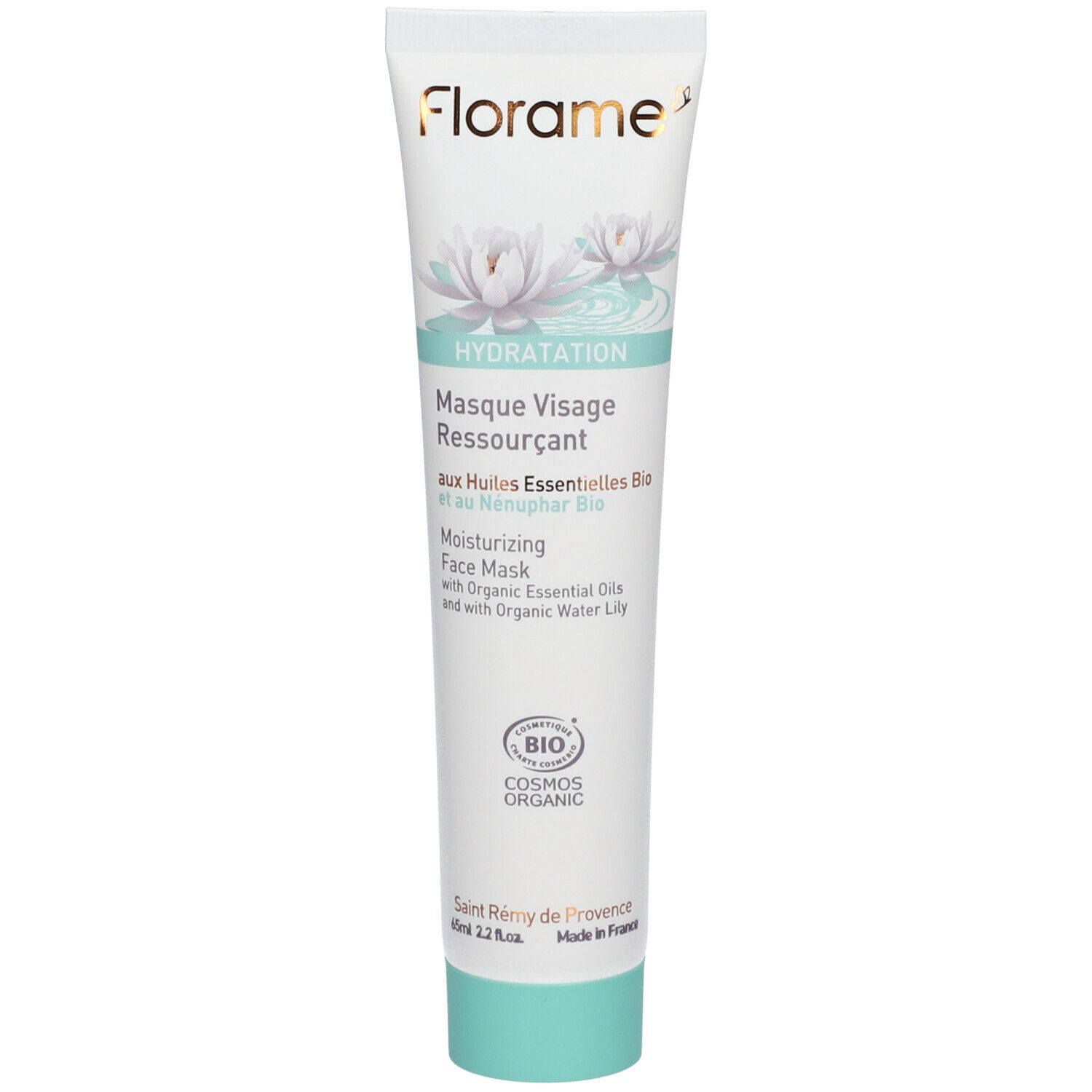 Weiße Tube mit grünem Deckel. Aufschrift: Florame, Hydratation, Masque Visage Ressourçant, Moisturizing Face Mask. Bio-Zertifizierung.