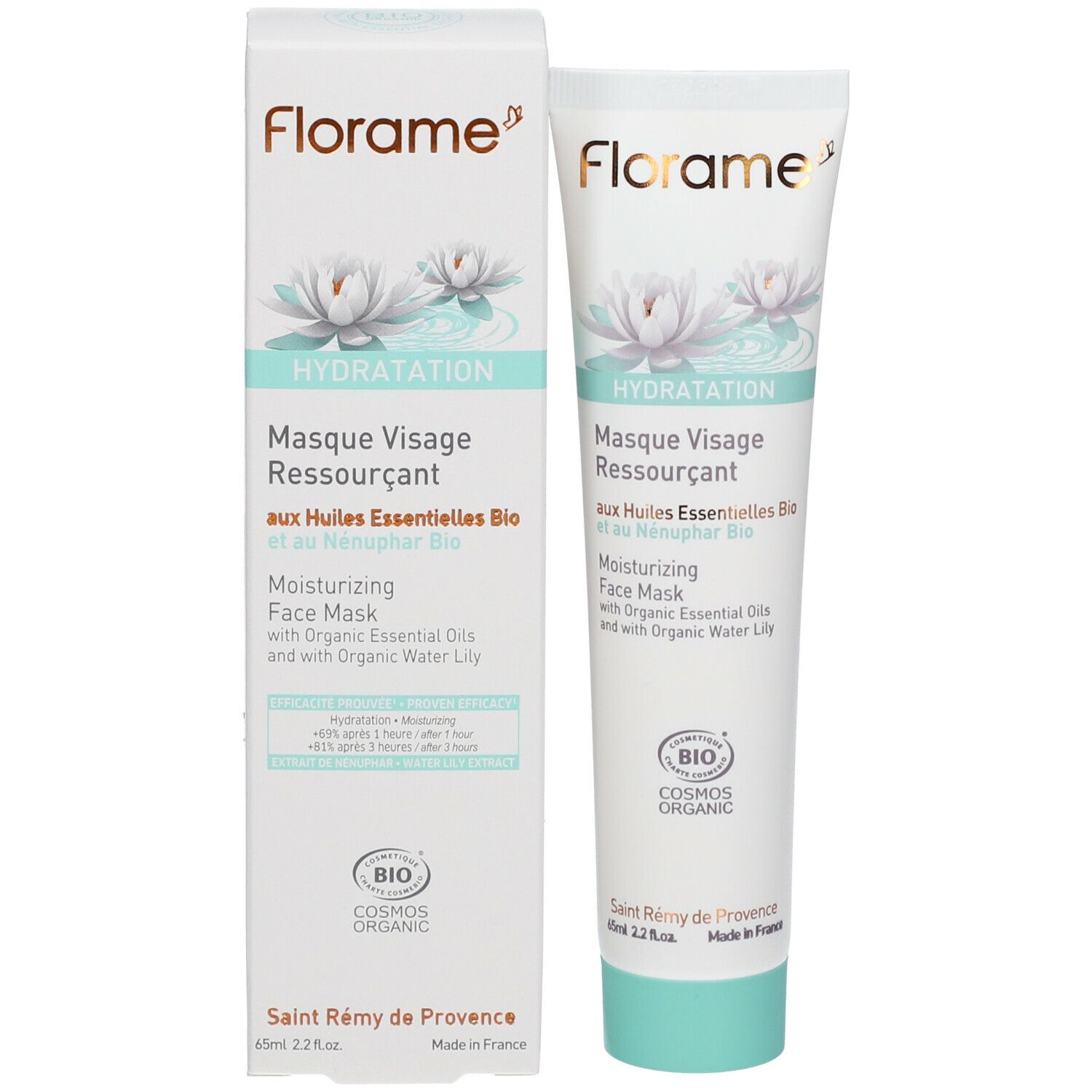Produktverpackung mit Tube. Verpackung: weiß, grün, Text: Florame, Hydratation, Masque Visage Ressourçant, Moisturizing Face Mask. Bio-Zertifizierung.