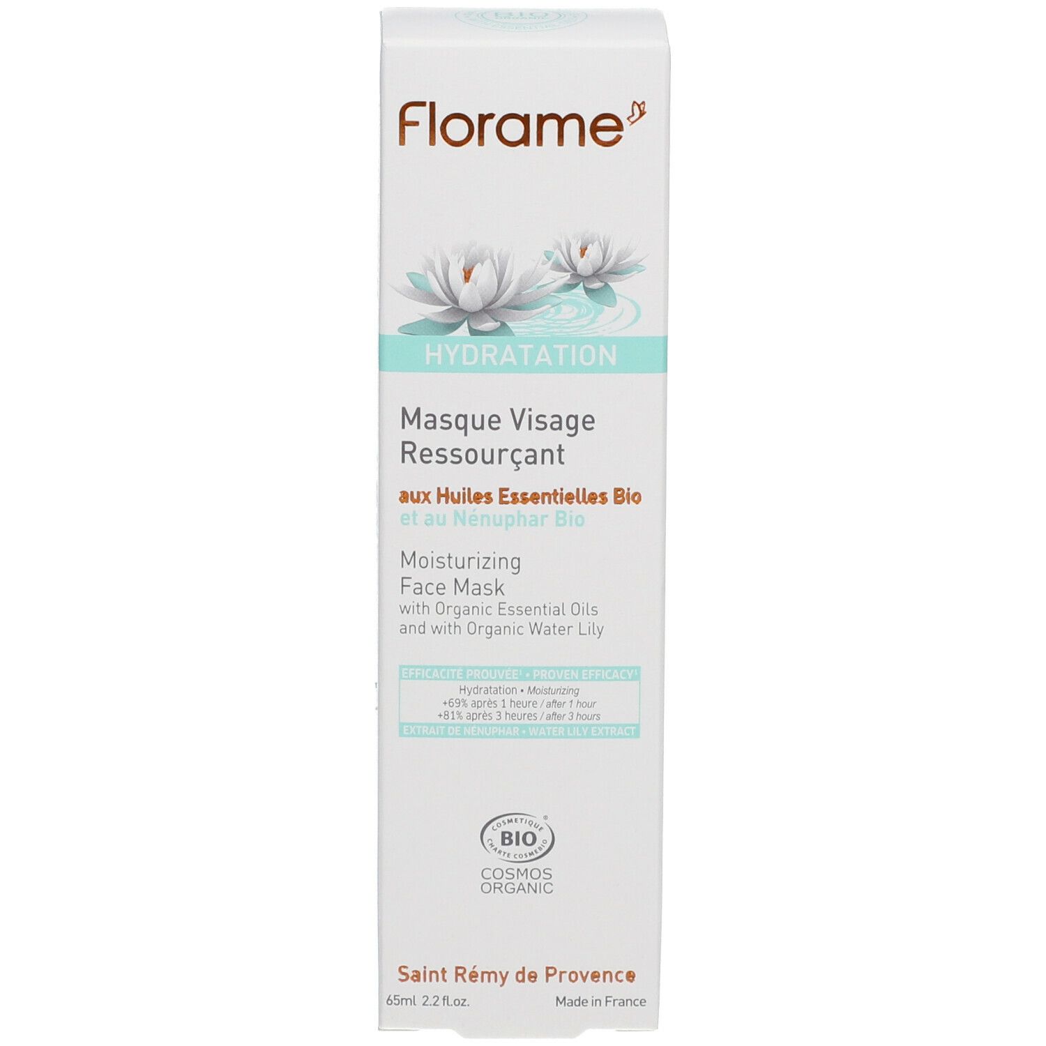 Produktverpackung. Weiß, grün. Text: Florame, Hydratation, Masque Visage Ressourçant, Moisturizing Face Mask. Bio-Zertifizierung.