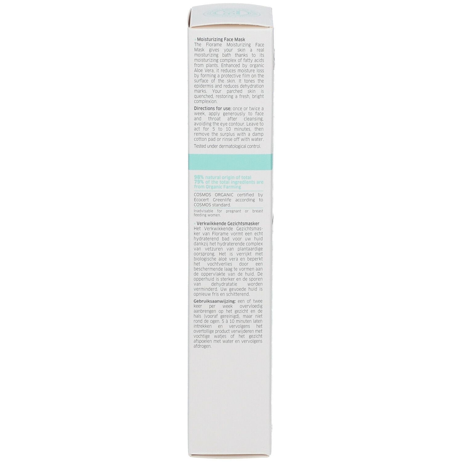 Produktverpackung, Seitenansicht. Text in mehreren Sprachen. Enthält Informationen zu Inhaltsstoffen und Anwendung. Bio-Zertifizierung.
