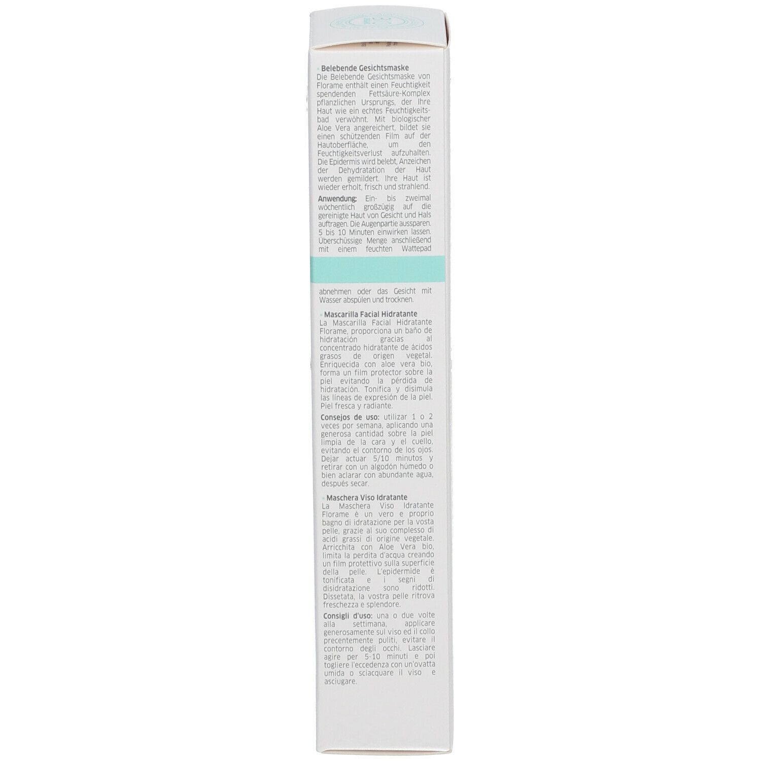 Produktverpackung, Seitenansicht. Text in mehreren Sprachen. Enthält Informationen zu Inhaltsstoffen und Anwendung. Bio-Zertifizierung.