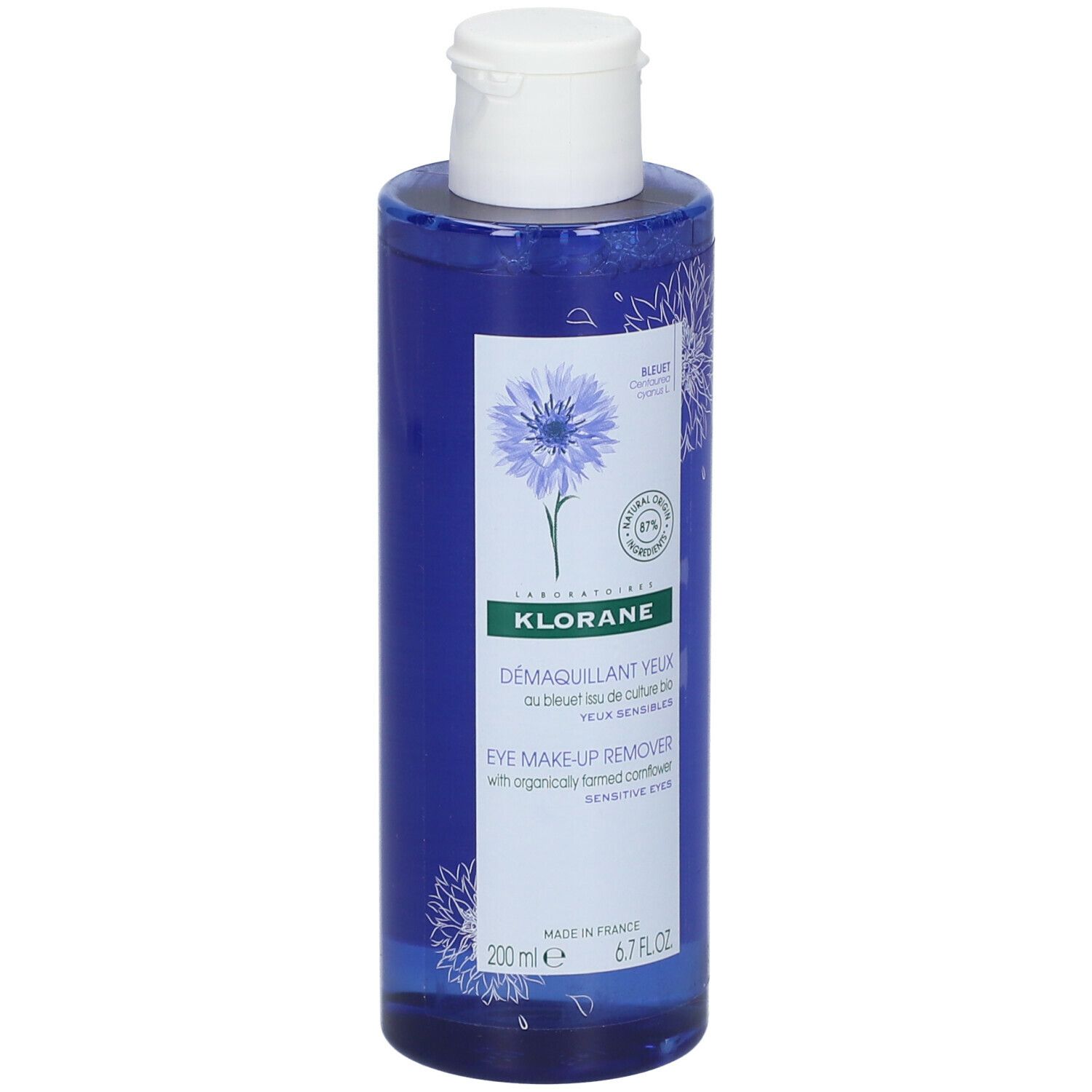 Blaue Flasche mit weißem Deckel. Aufschrift: KLORANE, Augen-Make-up-Entferner, Bio-Kornblume. 200ml.