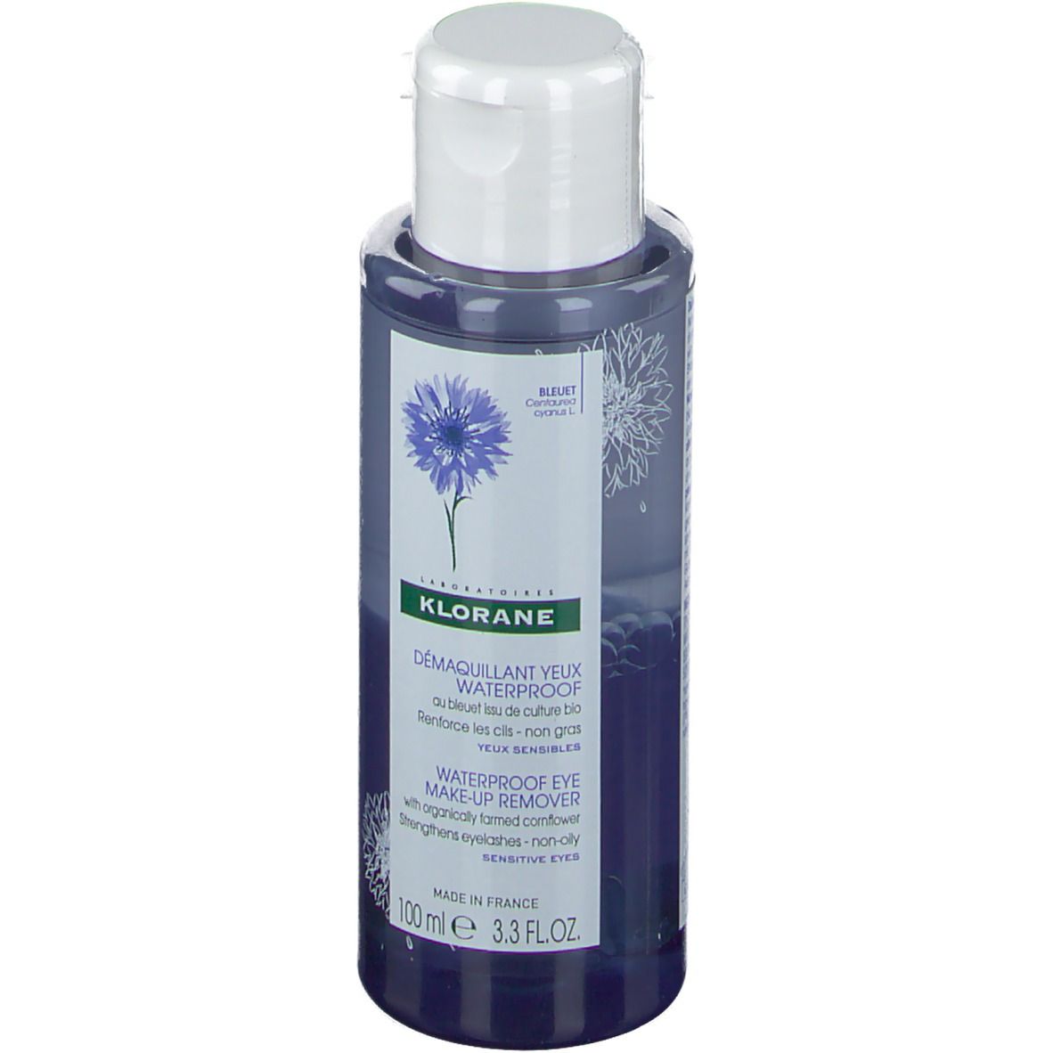 Klorane wasserfester Augen-Makeup-Entferner. Blaue Flüssigkeit in einer Flasche mit weißem Deckel. Kornblume-Motiv.