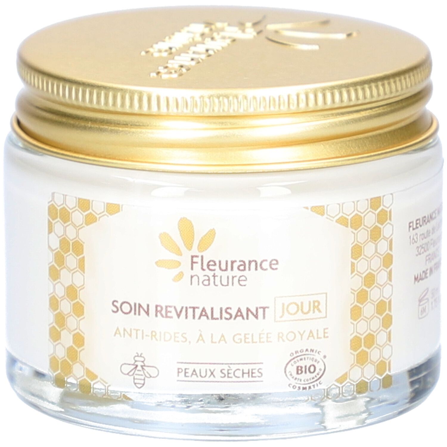 Tagescreme-Glas mit goldenem Deckel. Aufschrift: Fleurance Nature, Soin Revitalisant Jour, Anti-Rides, à la Gelée Royale. Bio-Siegel.