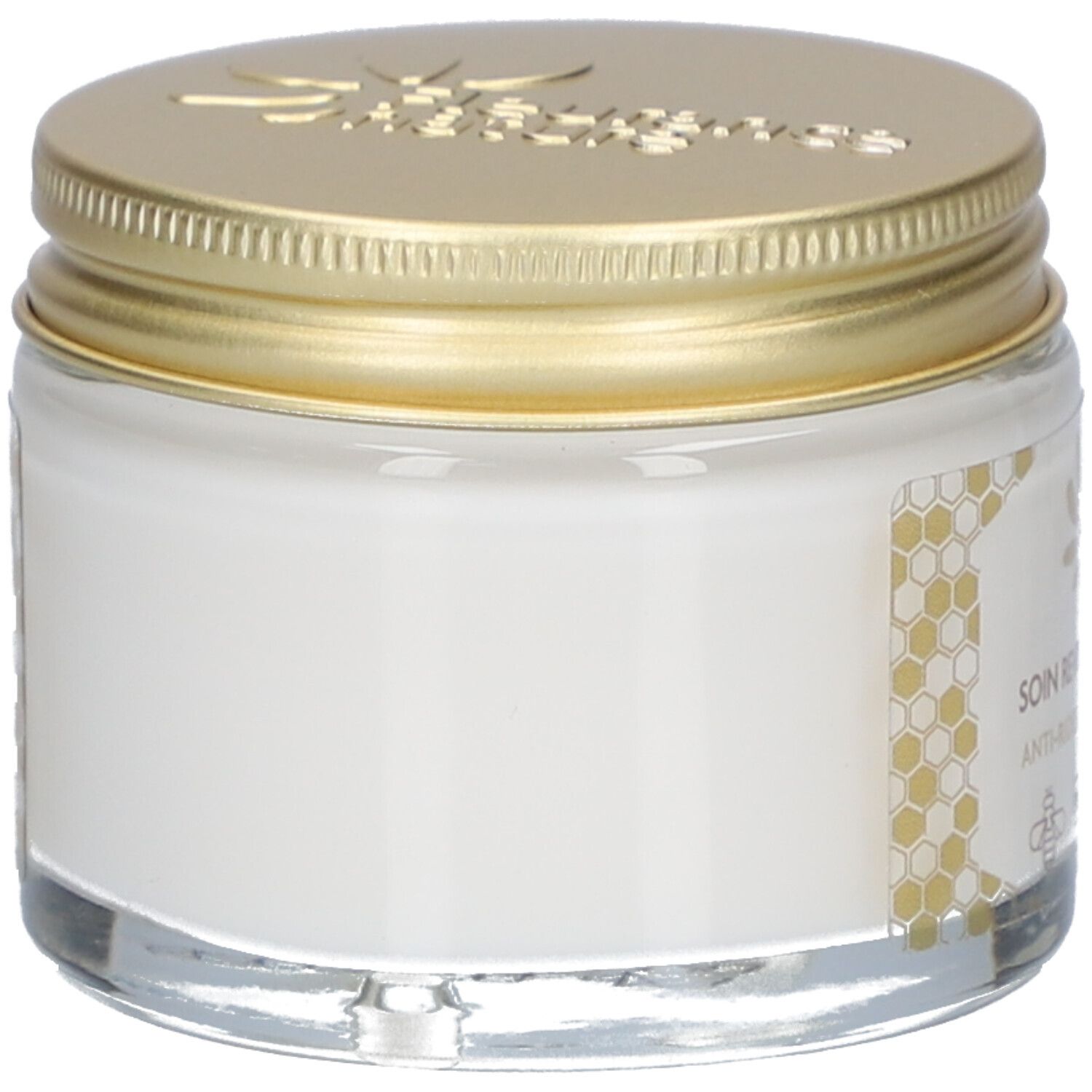 Glas mit goldfarbenem Deckel. Aufschrift: Fleurance Nature. Creme mit weißer Textur. Honigwaben-Design auf dem Etikett.
