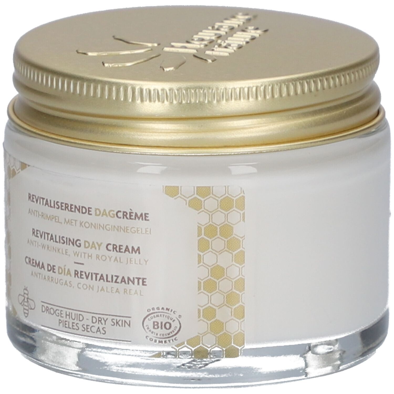 Glas mit goldfarbenem Deckel. Aufschrift: Revitalisierende Dagcrème, Anti-Rimpel, mit Koninginnegelei. Bio-Siegel. Honigwaben-Design.