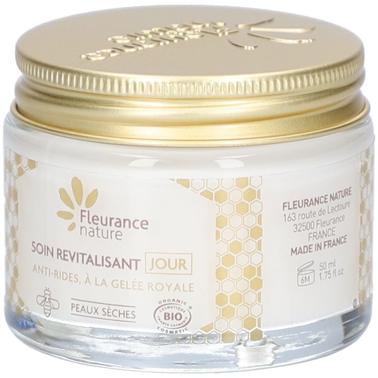 Tagescreme-Glas mit goldenem Deckel. Aufschrift: Fleurance Nature, Soin Revitalisant Jour, Anti-Rides, à la Gelée Royale. Bio-Siegel.