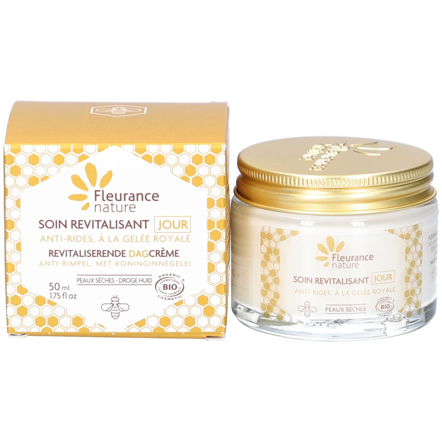 Produktverpackung mit Creme-Glas und Karton. Aufschrift: Fleurance Nature, Soin Revitalisant Jour, Anti-Rides, à la Gelée Royale. Bio-Siegel.