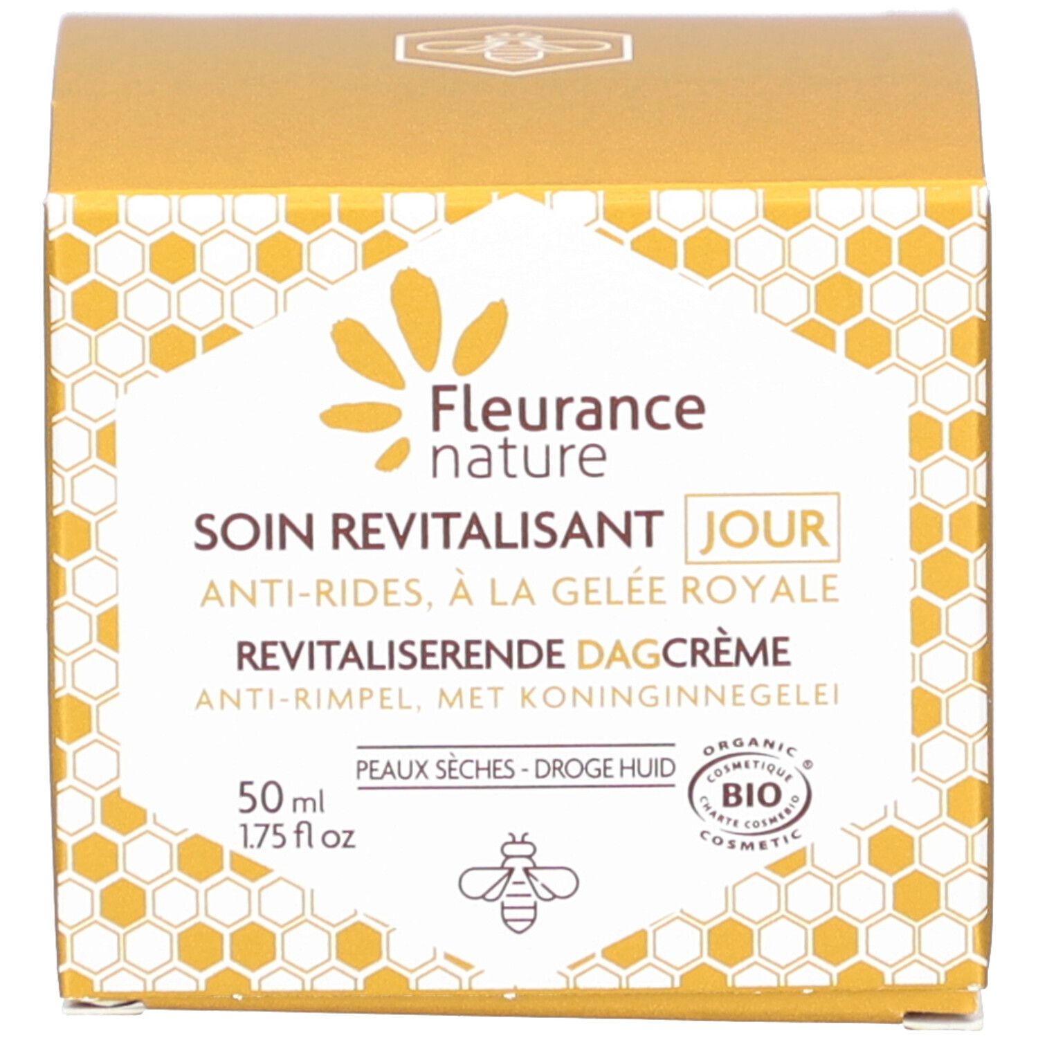 Kartonverpackung. Aufschrift: Fleurance Nature, Soin Revitalisant Jour, Anti-Rides, à la Gelée Royale. Revitalisierende Dagcrème. Bio-Siegel.