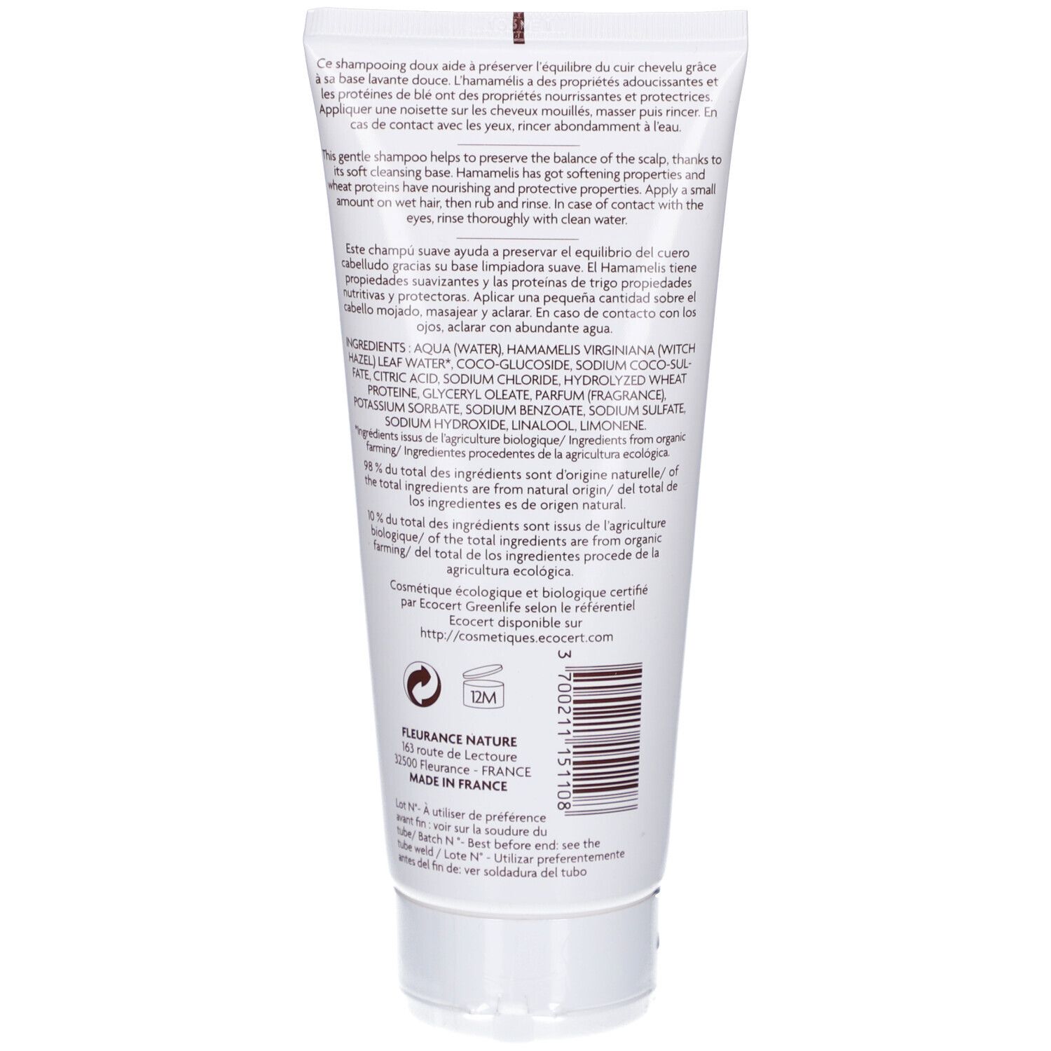 Rückseite der Shampoo-Tube. Text mit Inhaltsstoffen und Gebrauchsanweisung. Bio-Zertifizierung und Herstellerinformationen.