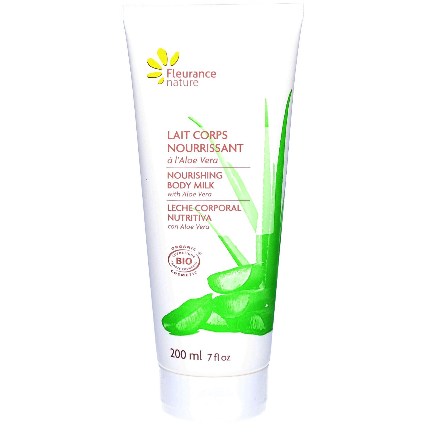 Körperlotion-Tube mit Logo und Schriftzug. Enthält Bio-Aloe Vera. Grün-weiße Verpackung mit Aloe Vera-Illustration.
