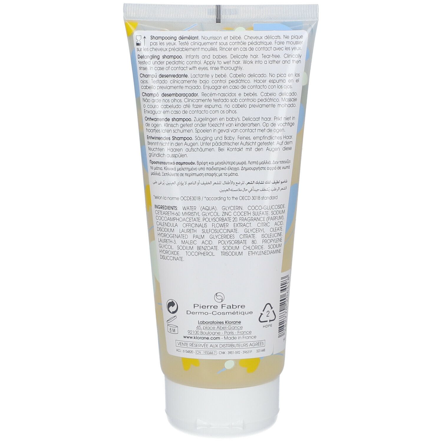 Rückseite der Tube. Text in mehreren Sprachen. Inhaltsstoffe und Herstellerinformationen. Recycling-Symbol.