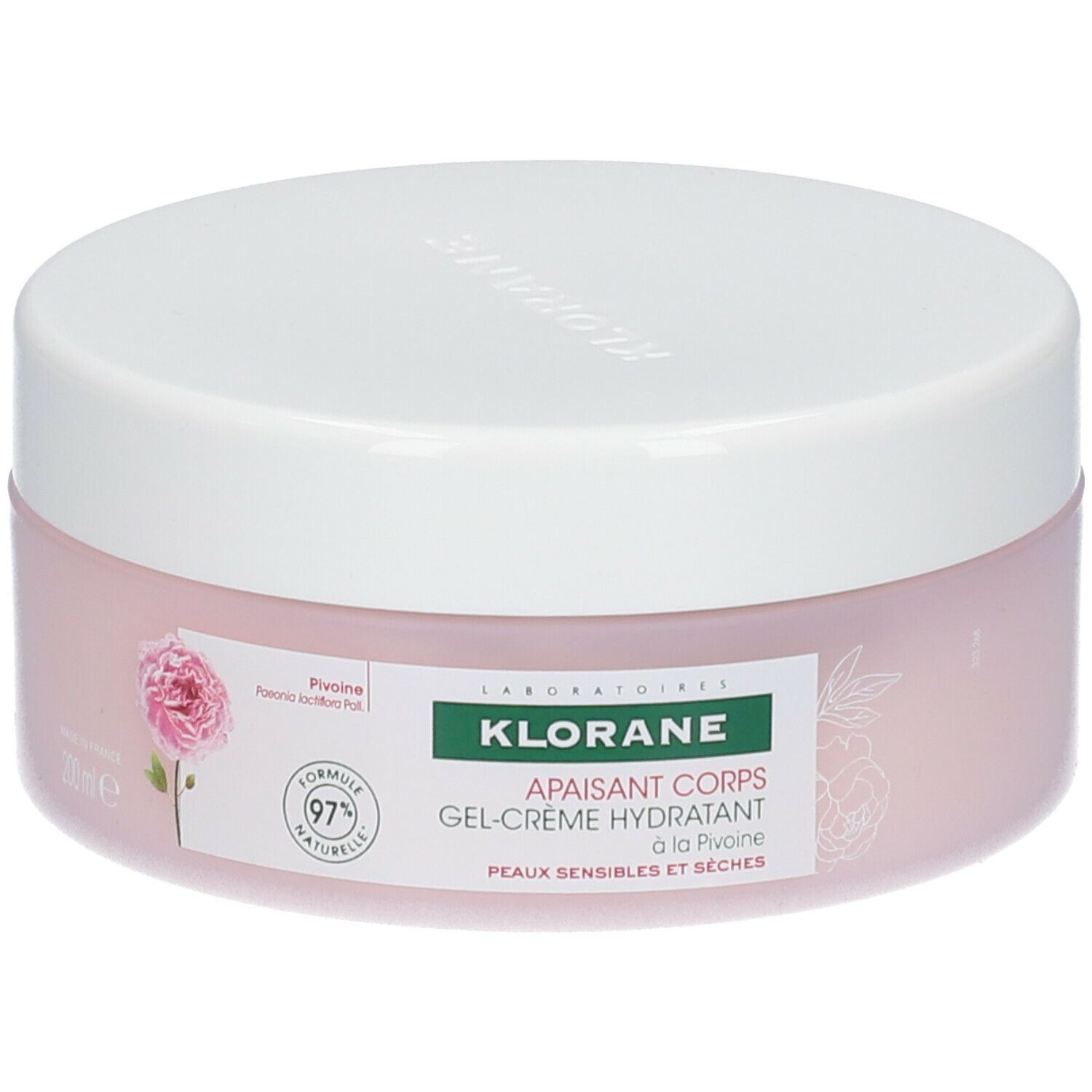 Rosa Creme-Tiegel mit weißem Deckel. Aufschrift: Klorane, Gel-Creme hydratant. Mit Pfingstrose. 97% natürliche Formel.