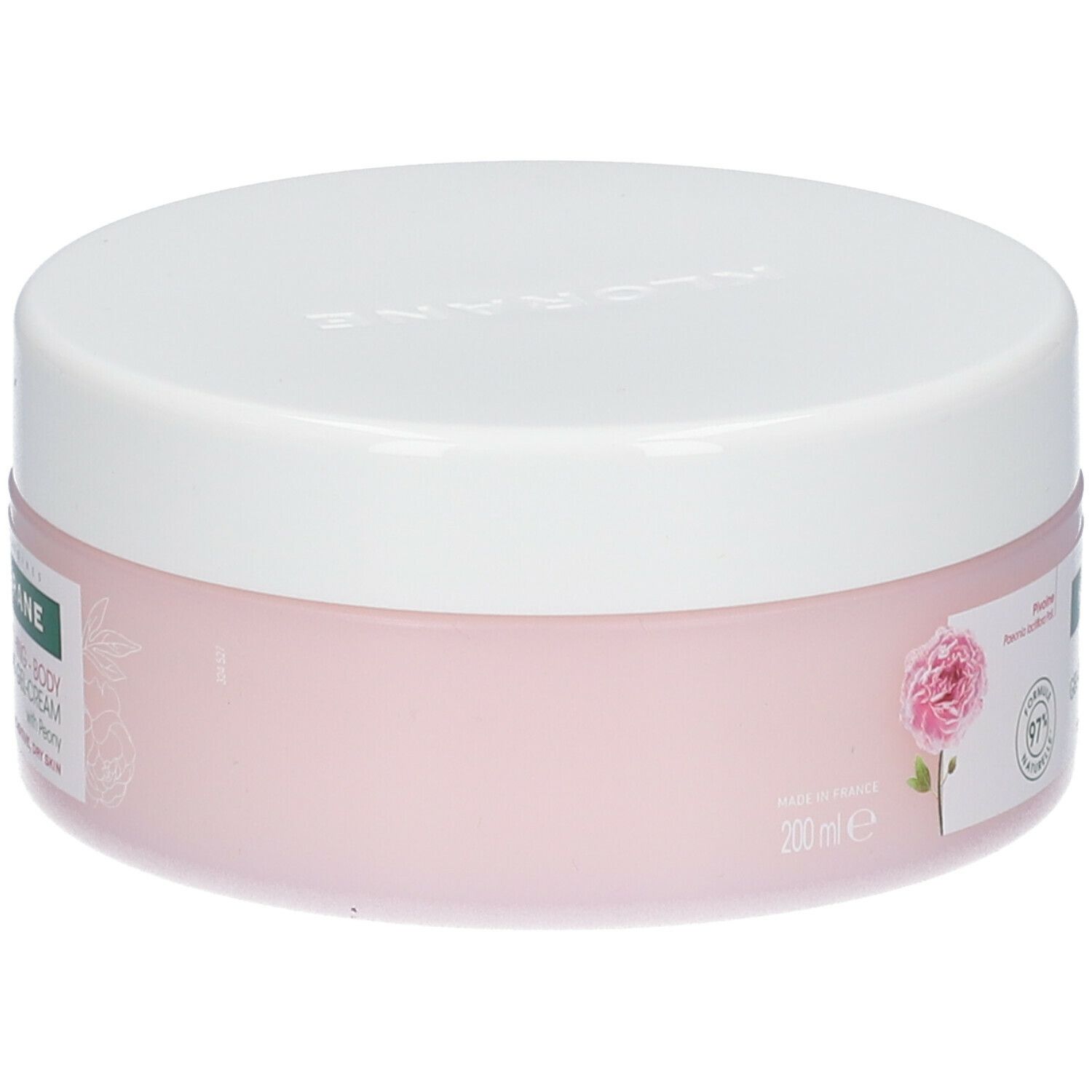 Rosa Creme-Tiegel mit weißem Deckel. Aufschrift: Klorane. Mit Pfingstrose. 200ml. Hergestellt in Frankreich. 97% natürliche Formel.
