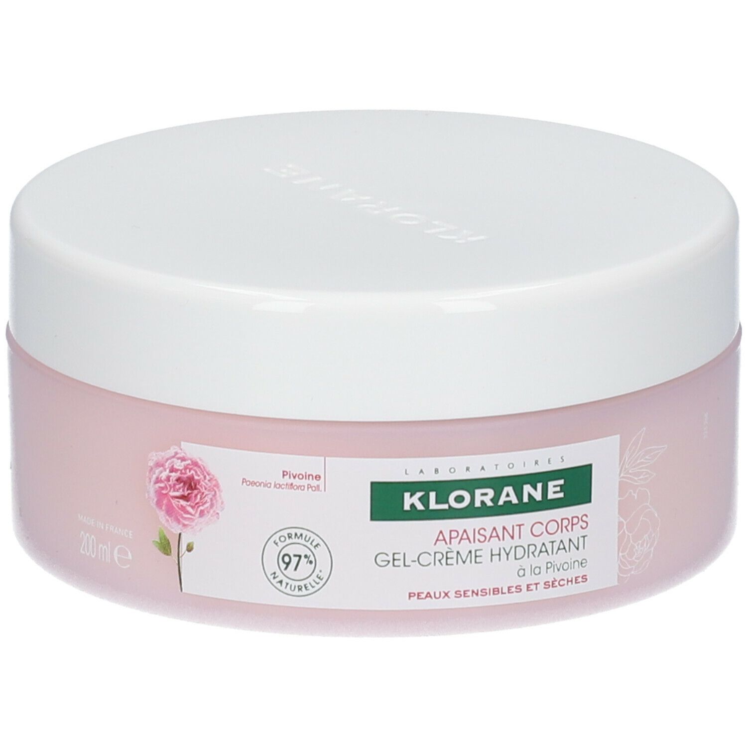 Rosa Creme-Tiegel mit weißem Deckel. Aufschrift: Klorane, Gel-Creme hydratant. Mit Pfingstrose. 97% natürliche Formel. 200ml.