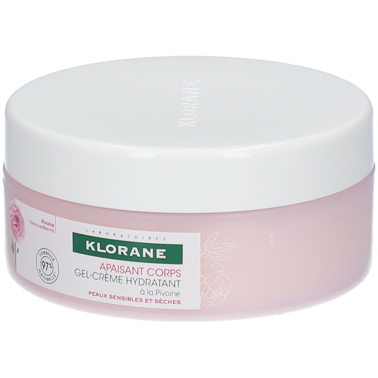 Rosa Creme-Tiegel mit weißem Deckel. Aufschrift: Klorane, Gel-Creme hydratant. Mit Pfingstrose. 97% natürliche Formel. Für sensible Haut.