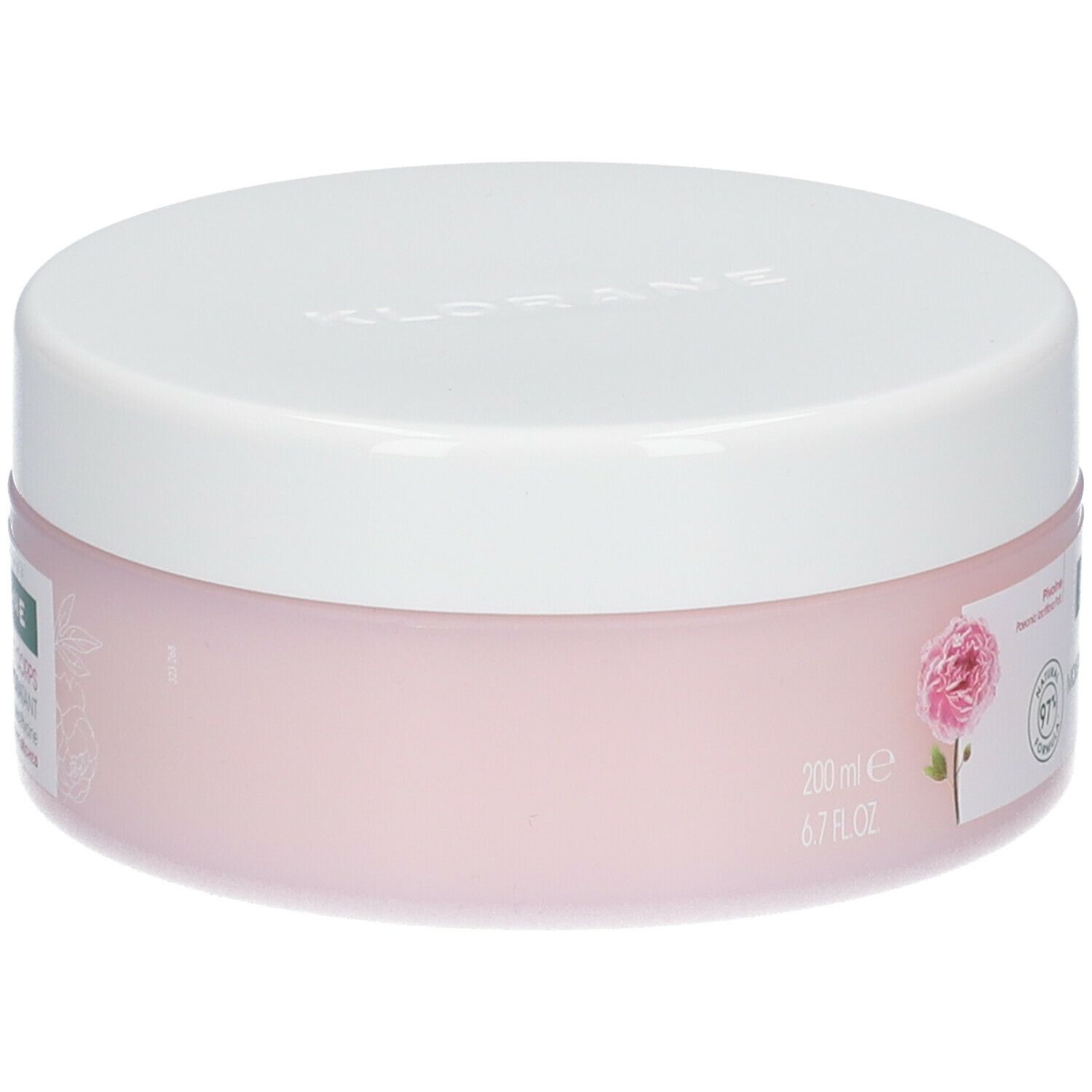 Rosa Creme-Tiegel mit weißem Deckel. Aufschrift: Klorane, Gel-Creme hydratant. Mit Pfingstrose. 200ml. 6.7 FL.OZ. 97% natürliche Formel.