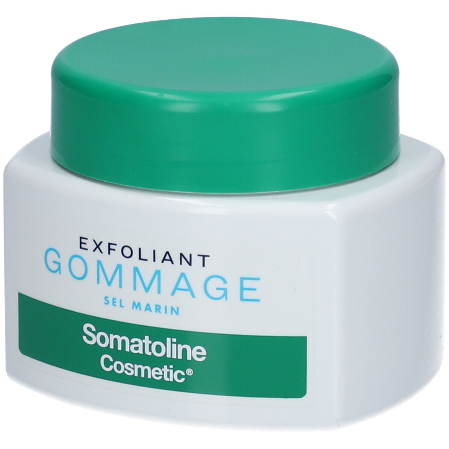 Weißer Tiegel mit grünem Deckel. Aufschrift: EXFOLIANT GOMMAGE SEL MARIN, Somatoline Cosmetic®.
