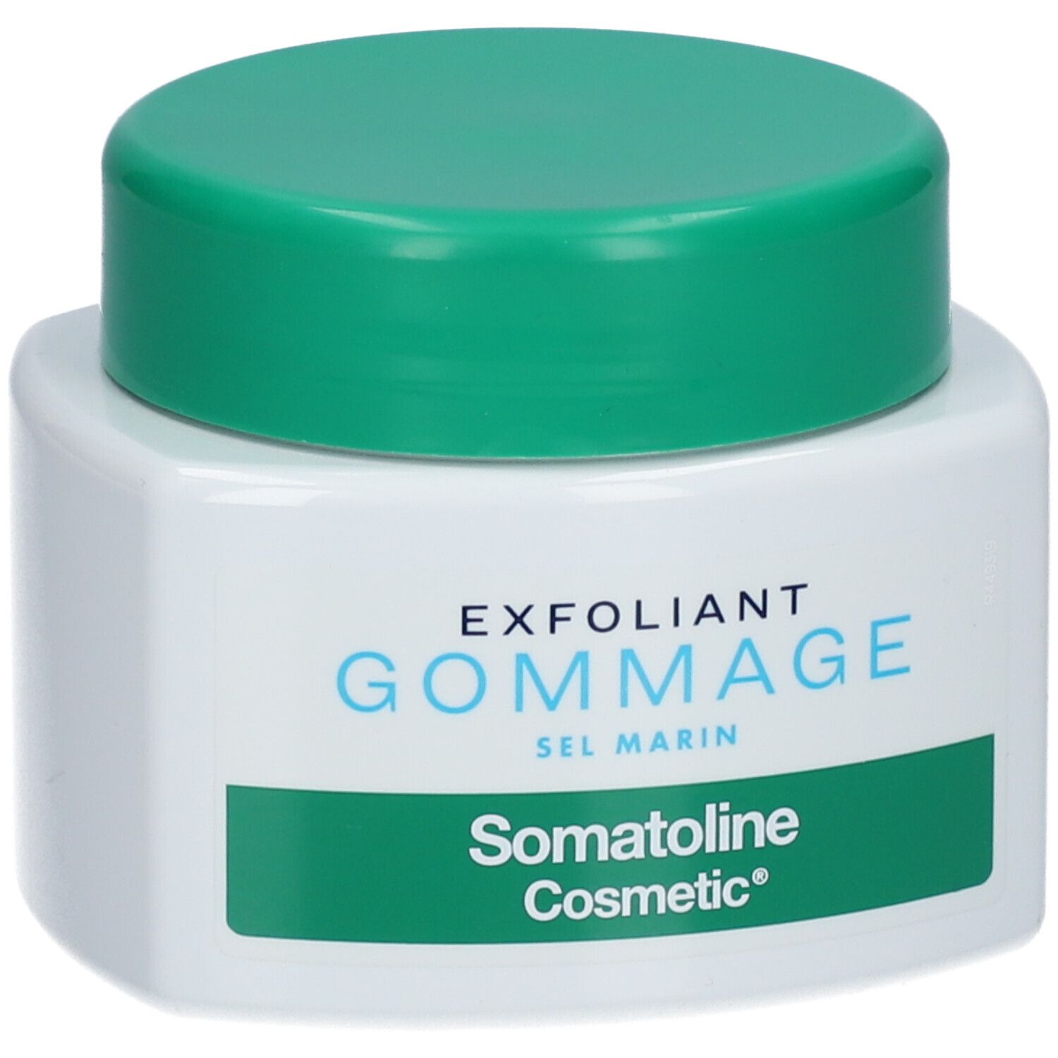 Weißer Tiegel mit grünem Deckel. Aufschrift: EXFOLIANT GOMMAGE SEL MARIN, Somatoline Cosmetic®.