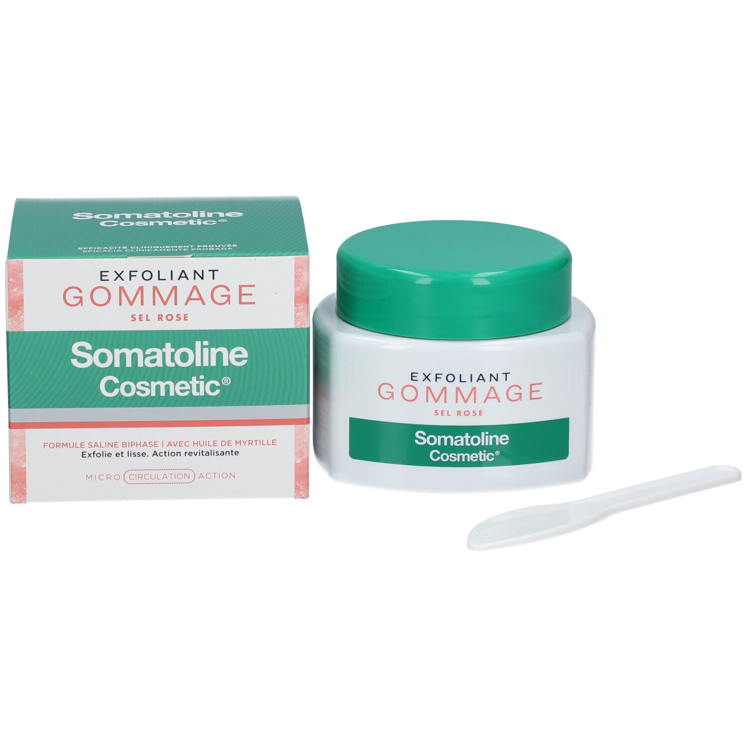 Produkt, Verpackung und Spatel. Aufschrift: EXFOLIANT GOMMAGE SEL ROSE. Marke: Somatoline Cosmetic.