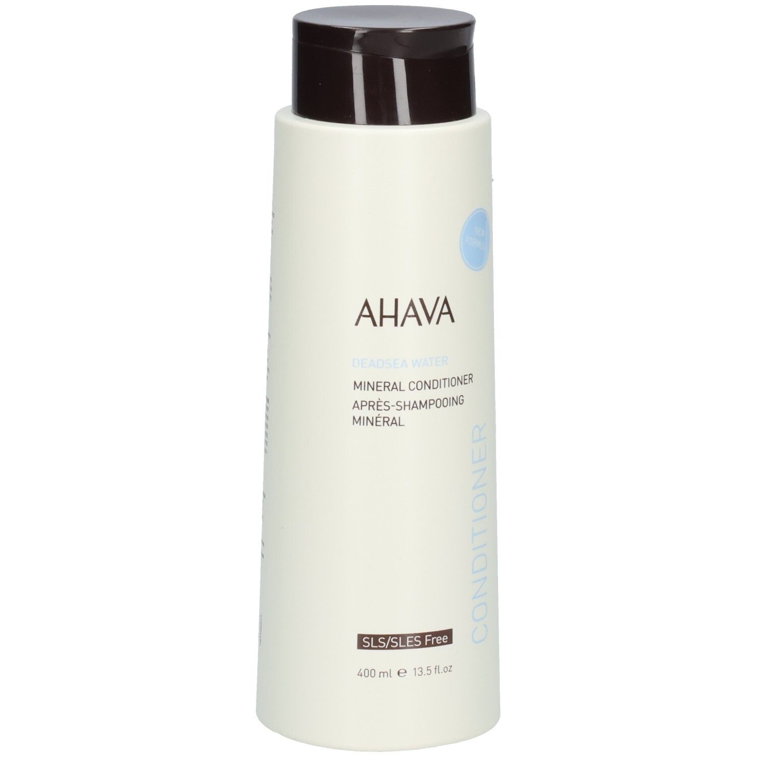 AHAVA Mineral Conditioner Flasche. Weiß, brauner Deckel. Text: AHAVA, Mineral Conditioner, SLS/SLES Free.