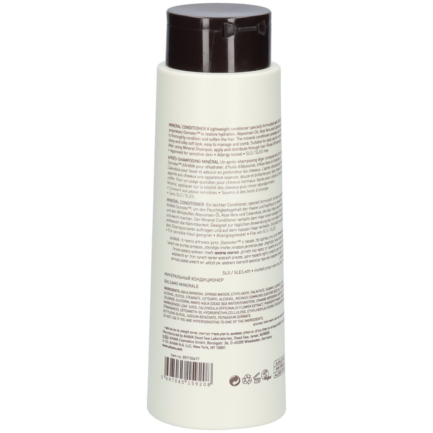 Rückseite der AHAVA Mineral Conditioner Flasche. Text: Inhaltsstoffe, Anwendungshinweise, SLS/SLES Free.