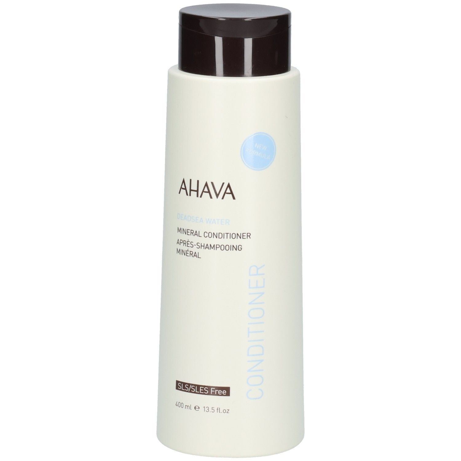 AHAVA Mineral Conditioner Flasche. Weiß, brauner Deckel. Text: AHAVA, Mineral Conditioner, SLS/SLES Free.