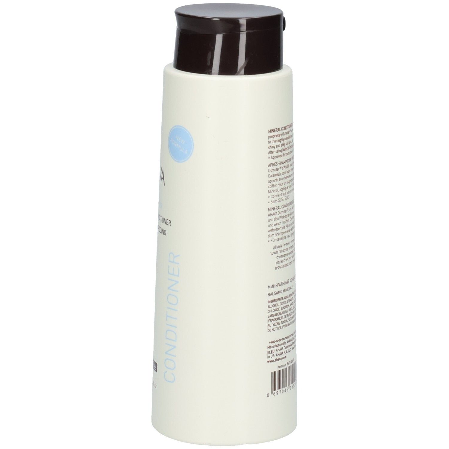 AHAVA Mineral Conditioner Flasche. Weiß, brauner Deckel. Text: AHAVA, Mineral Conditioner, SLS/SLES Free.