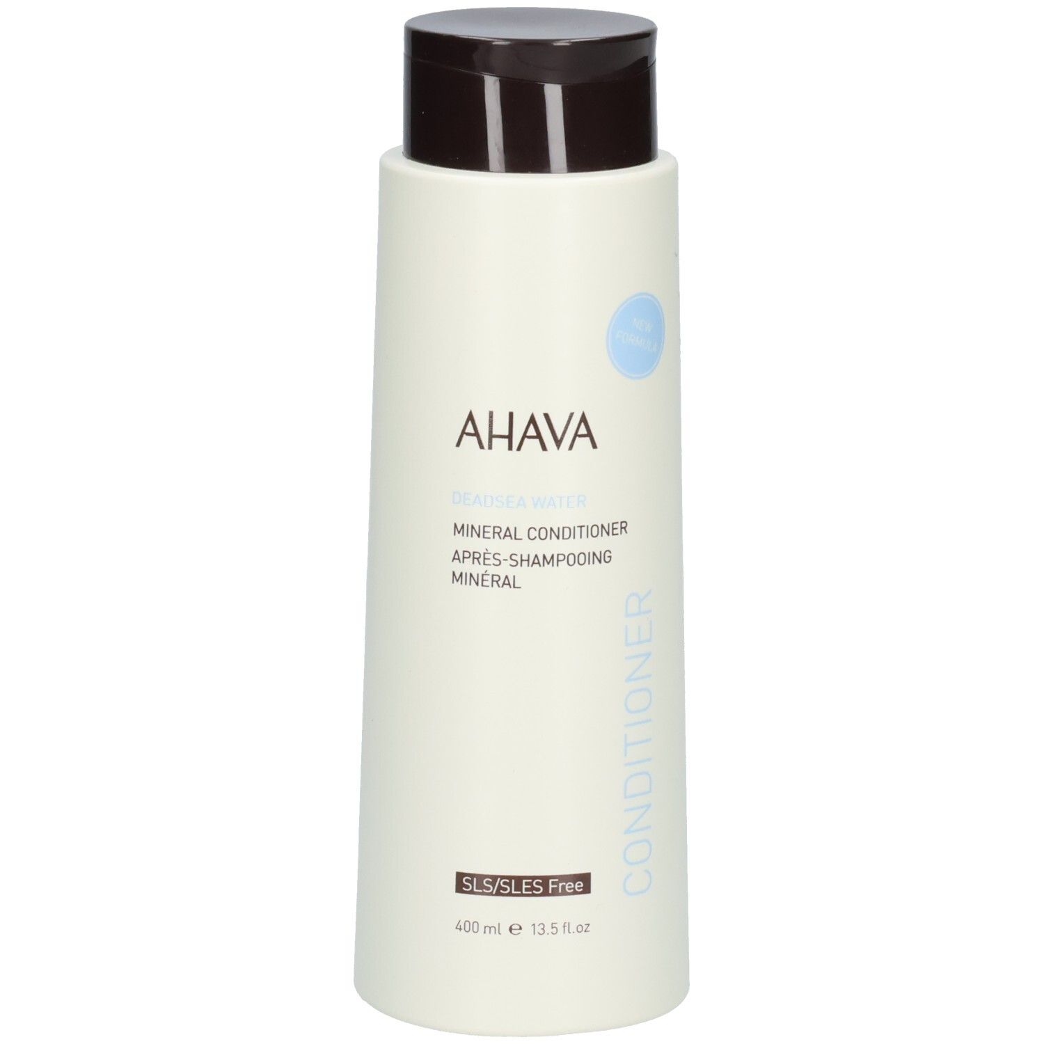 AHAVA Mineral Conditioner Flasche. Weiß, brauner Deckel. Text: AHAVA, Mineral Conditioner, SLS/SLES Free.