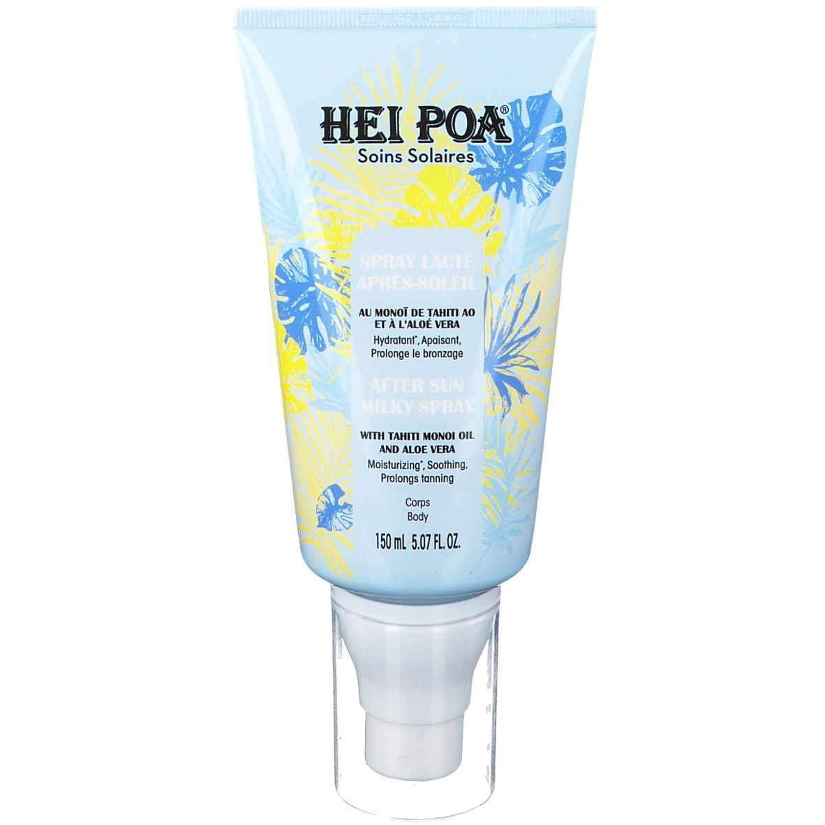 Hellblaue Tube mit Produktnamen und floralem Muster. Sprühkopf mit durchsichtiger Kappe. Text: After Sun Milky Spray.