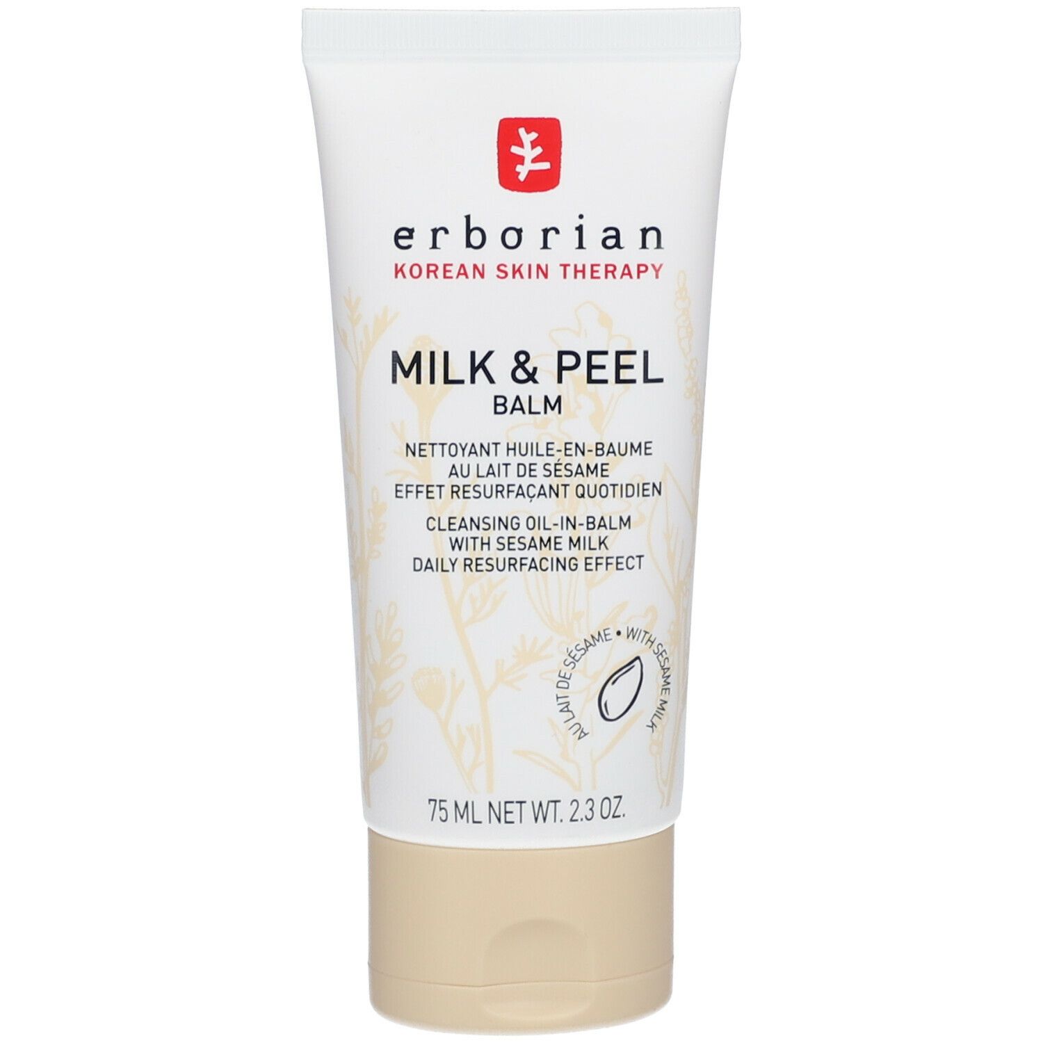 Weiße Tube mit Produkt. Aufschrift: erborian, MILK & PEEL BALM. 75 ml. Beige Verschluss.