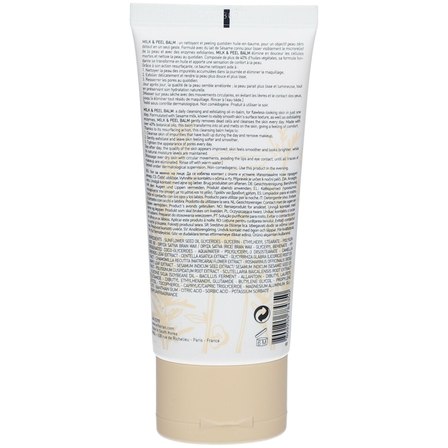 Rückseite einer weißen Tube. Text in mehreren Sprachen. Beige Verschluss.