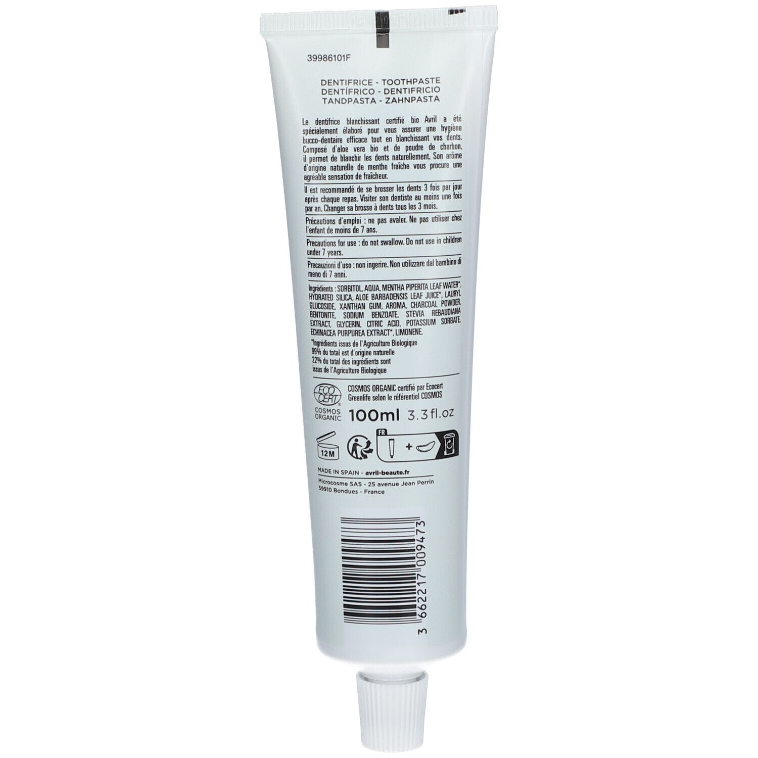 Rückseite der Zahncreme-Tube. Text mit Inhaltsstoffen, Gebrauchsanweisung und Zertifizierungen. 100ml.
