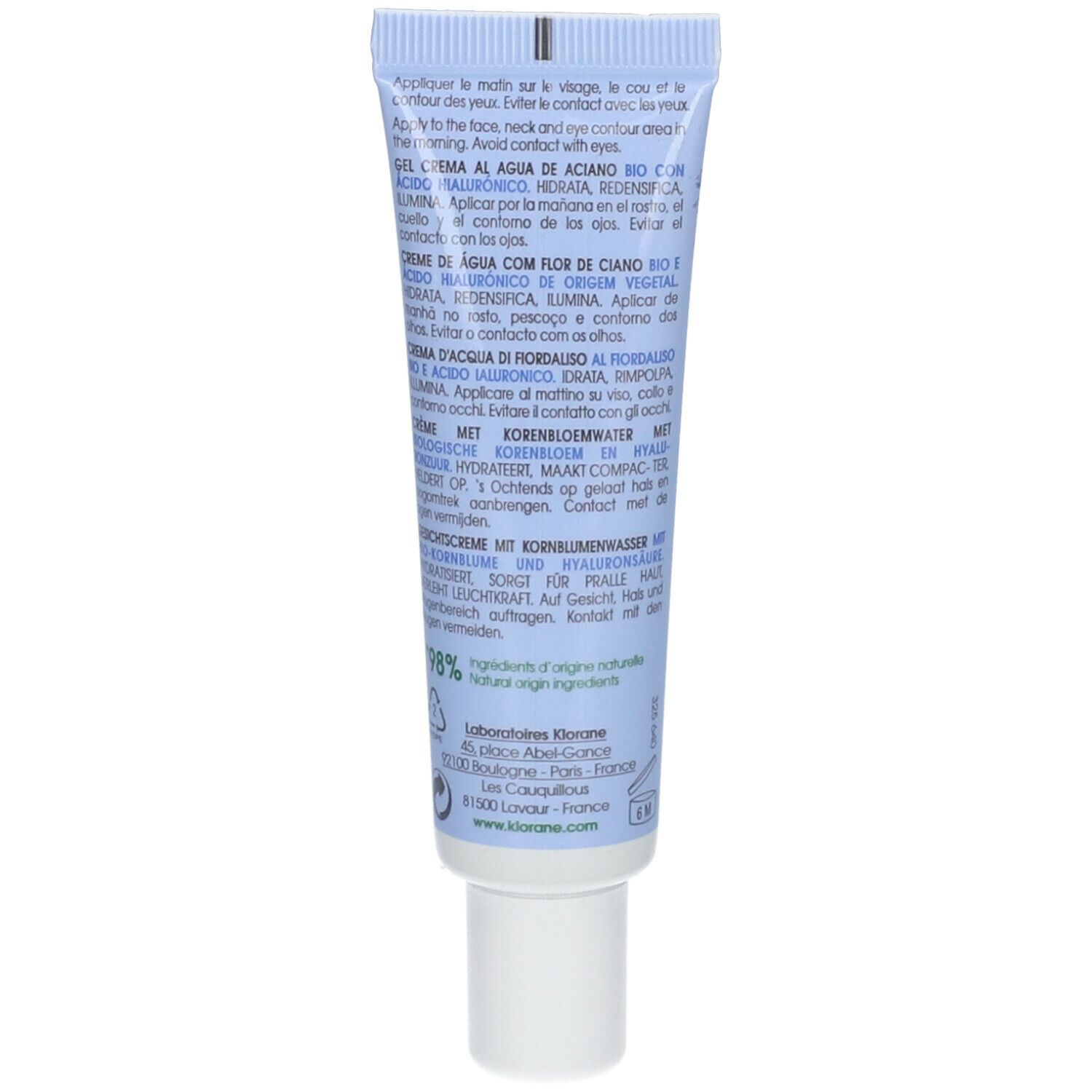 Rückseite der hellblauen Tube. Text in mehreren Sprachen. Enthält Informationen über die Creme d'Eau de Bleuet.