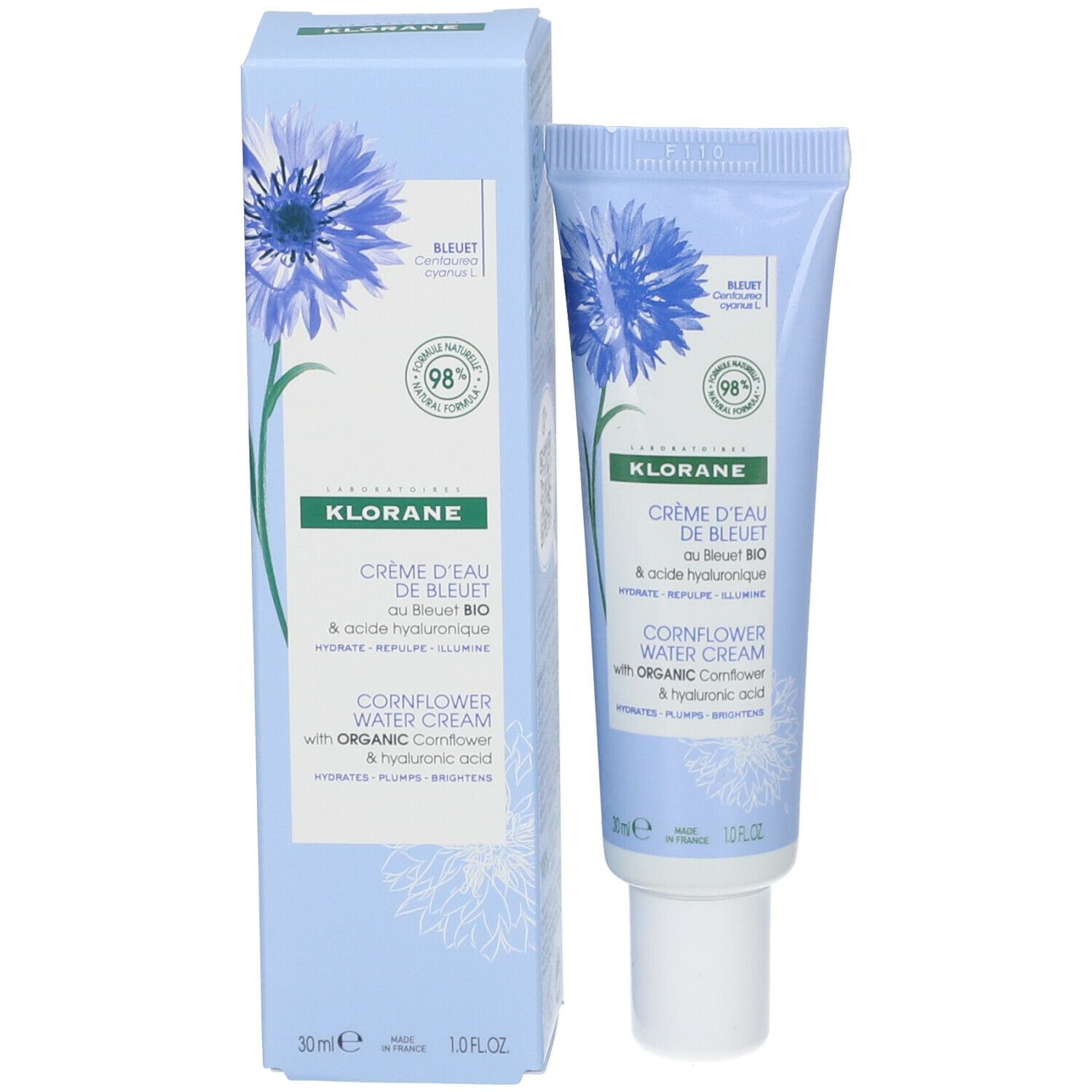 Hellblaue Schachtel mit blauer Blume und Text. Enthält Creme d'Eau de Bleuet. 30ml. Mit 98% natürlichen Inhaltsstoffen.