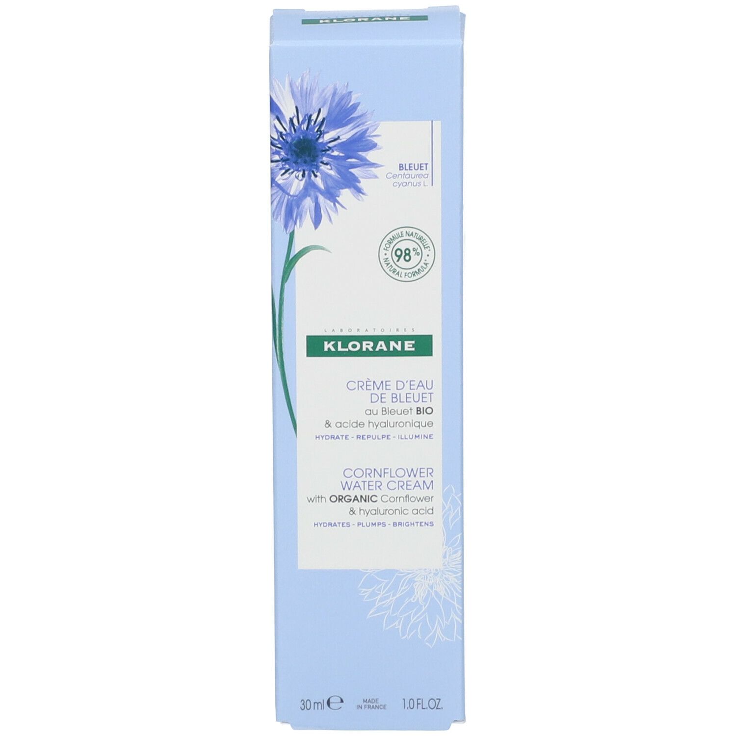 Hellblaue Schachtel mit blauer Blume und Text. Enthält Creme d'Eau de Bleuet. 30ml. Mit 98% natürlichen Inhaltsstoffen.