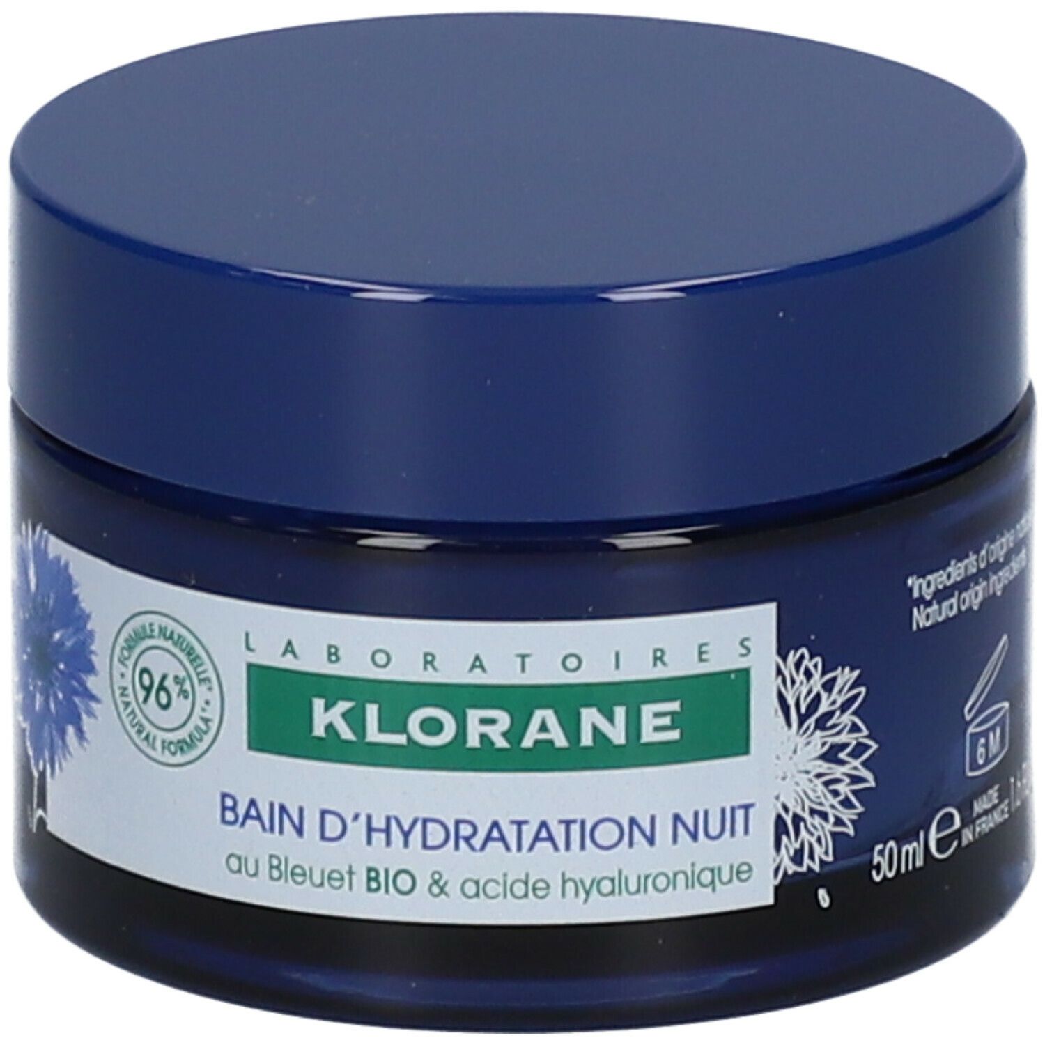 Blaues Tiegel mit Deckel. Aufschrift: Klorane, Bain d'Hydratation Nuit. Kornblume-Motiv. 50ml.
