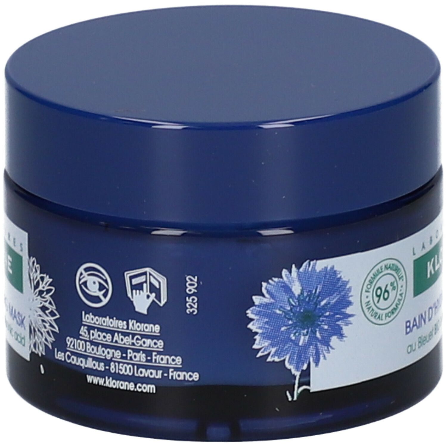 Blaues Tiegel mit Deckel. Rückseite. Aufschrift: Klorane, Bain d'Hydratation Nuit. 50ml. Hergestellt in Frankreich.