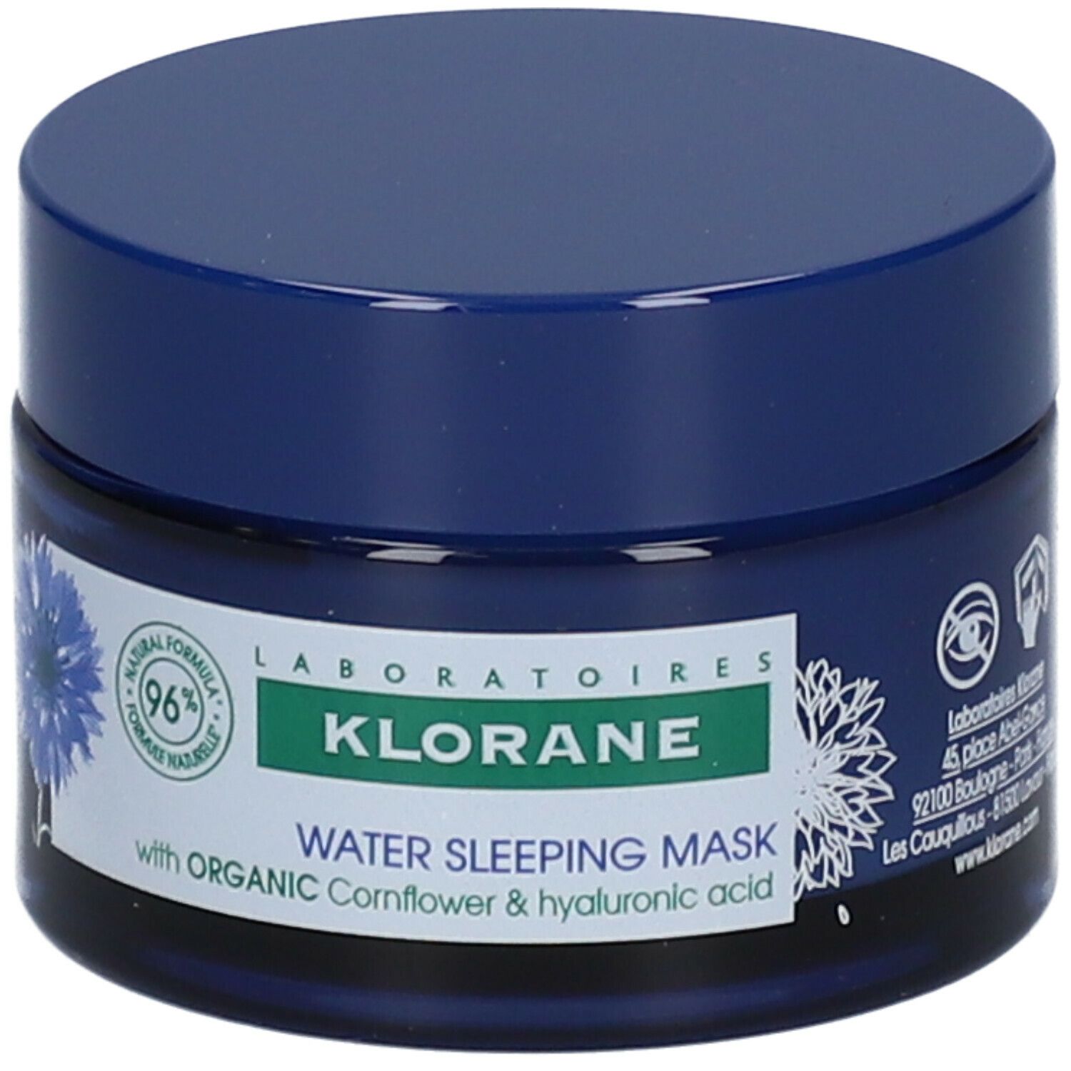 Blaues Tiegel mit Deckel. Aufschrift: Klorane, Water Sleeping Mask. Kornblume-Motiv. 96% natürliche Formel.