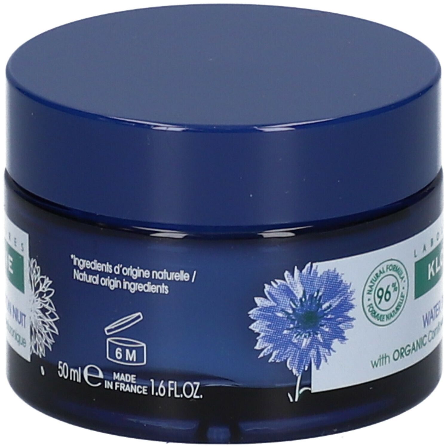 Blaues Tiegel mit Deckel. Aufschrift: Klorane, Water Sleeping Mask. 50ml. Hergestellt in Frankreich.