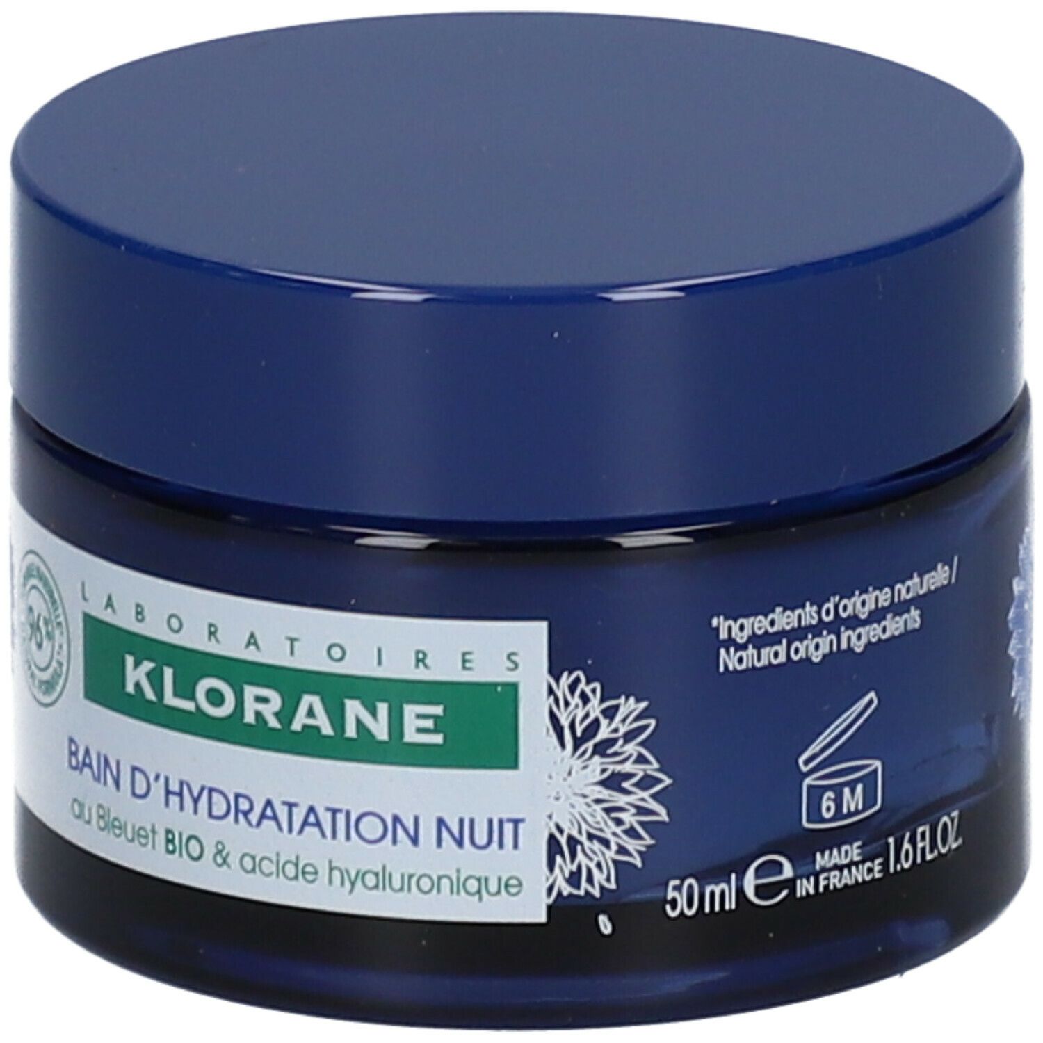 Blaues Tiegel mit Deckel. Aufschrift: Klorane, Bain d'Hydratation Nuit. 50ml. Hergestellt in Frankreich.