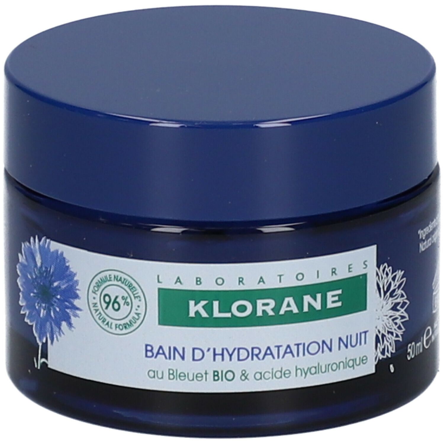 Blaues Tiegel mit Deckel. Aufschrift: Klorane, Bain d'Hydratation Nuit. 50ml. Hergestellt in Frankreich.